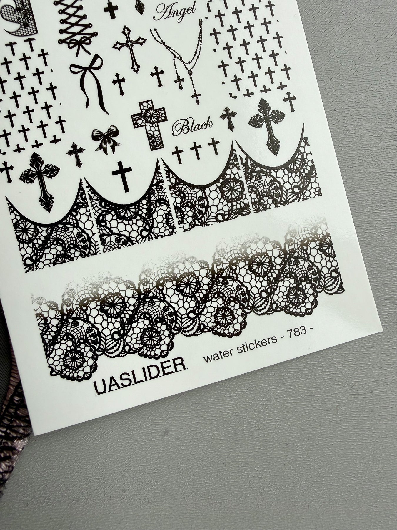 Gothic Nail Decals — Black Crosses, Lace & "Angel" Text | 783 - UASLIDER