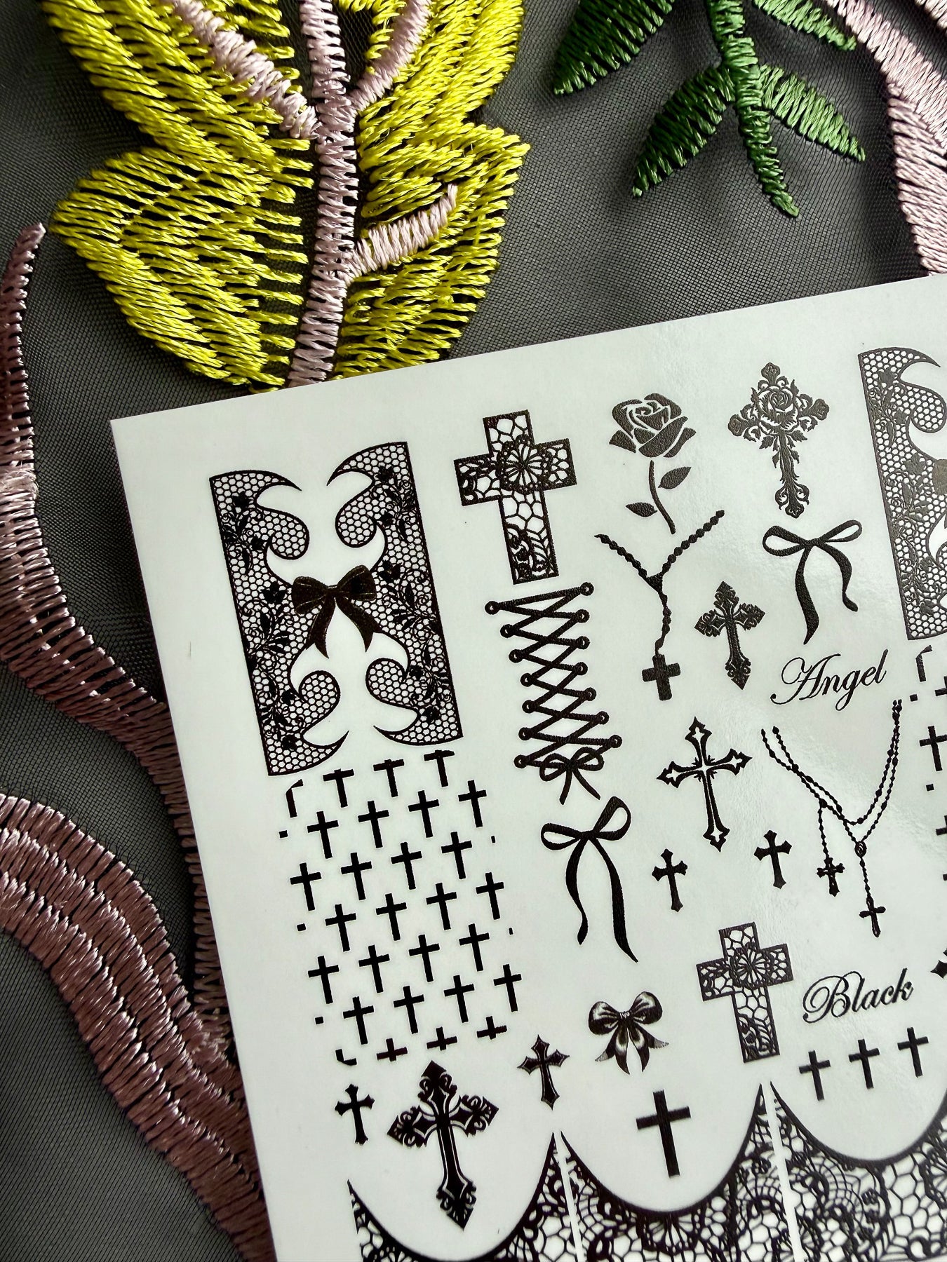 Gothic Nail Decals — Black Crosses, Lace & "Angel" Text | 783 - UASLIDER