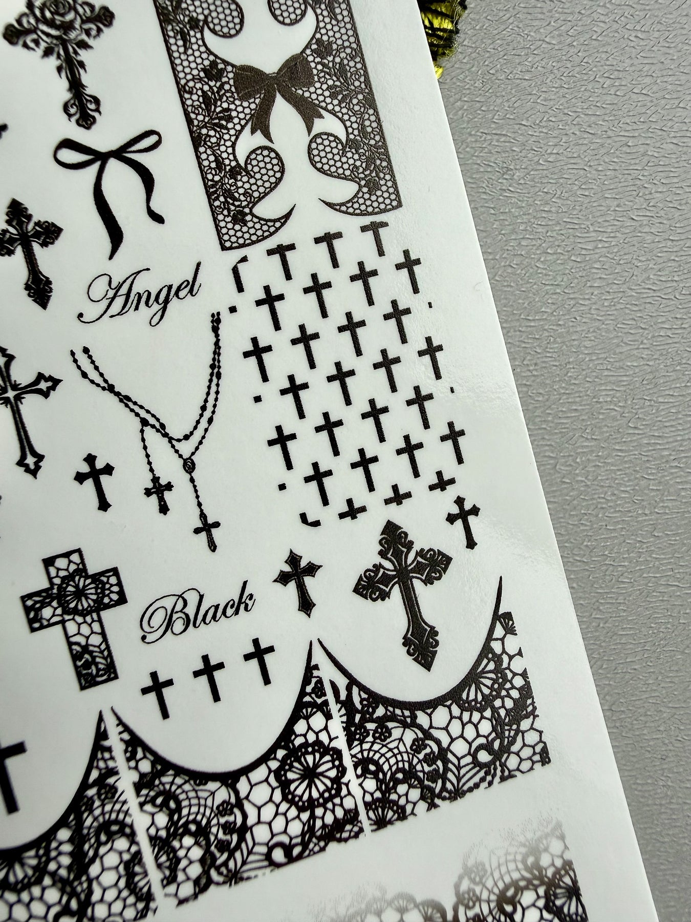 Gothic Nail Decals — Black Crosses, Lace & "Angel" Text | 783 - UASLIDER