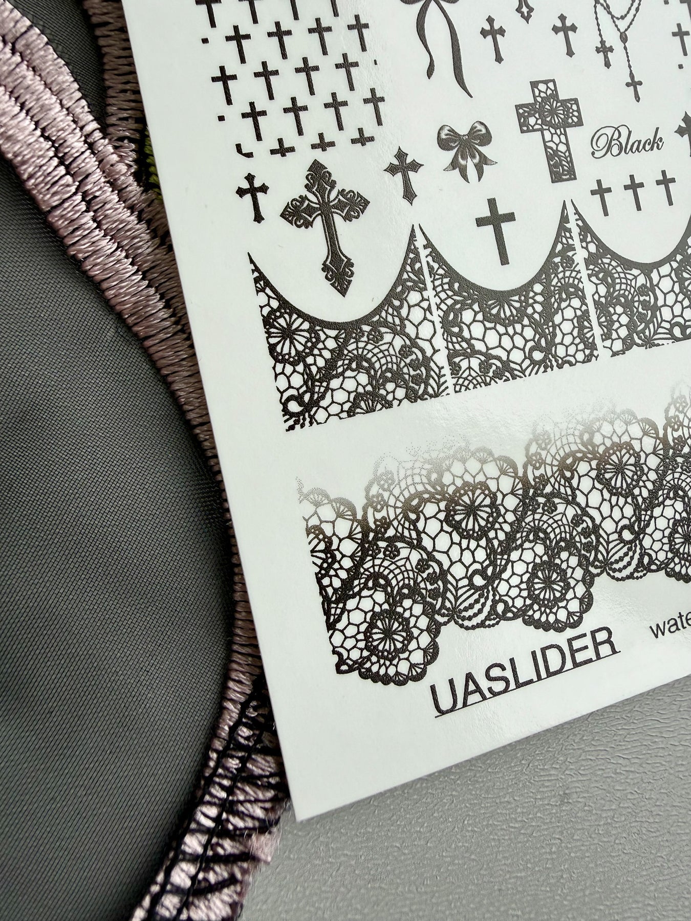 Gothic Nail Decals — Black Crosses, Lace & "Angel" Text | 783 - UASLIDER