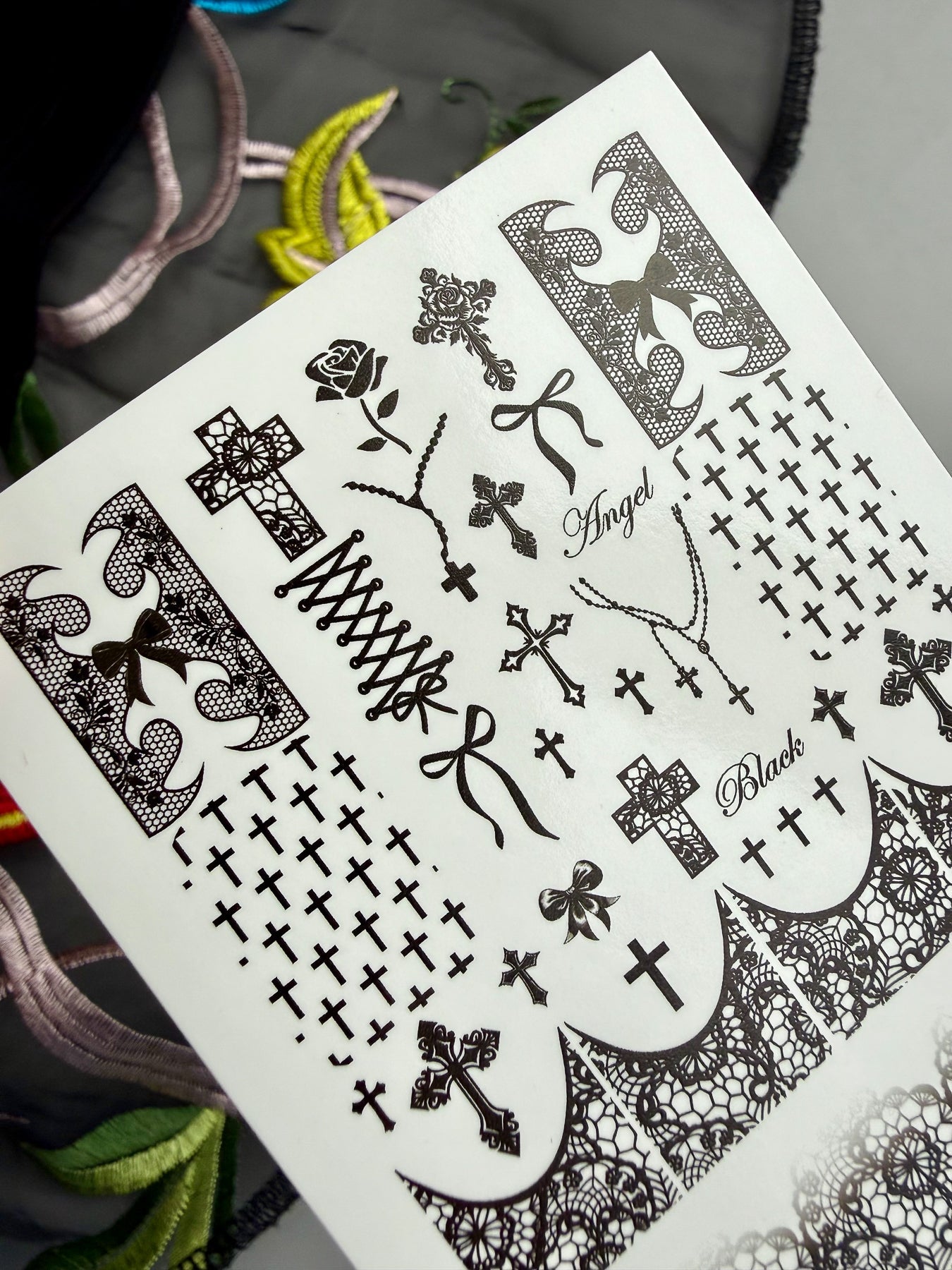 Gothic Nail Decals — Black Crosses, Lace & "Angel" Text | 783 - UASLIDER