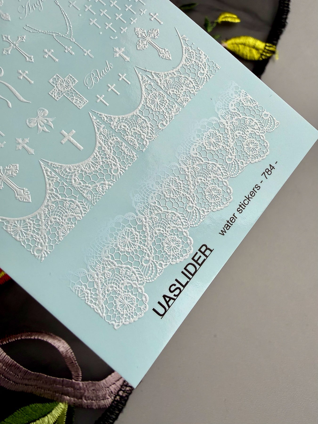 Gothic Nail Decals — White Crosses, Lace & "Angel" Text | 784 - UASLIDER