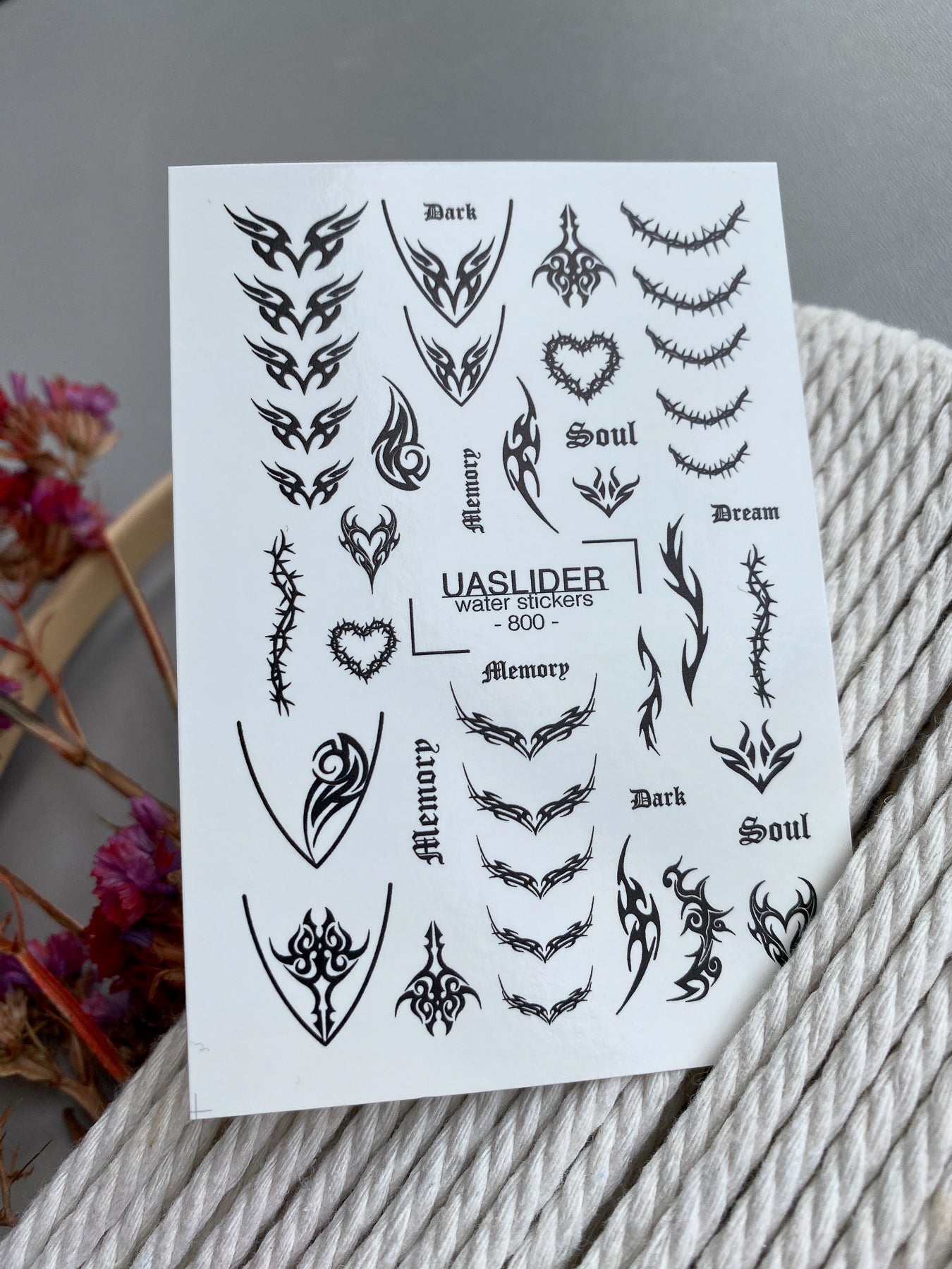 Gothic Tribal Nail Decals — Thorns Hearts Dark Script | 800 - UASLIDER