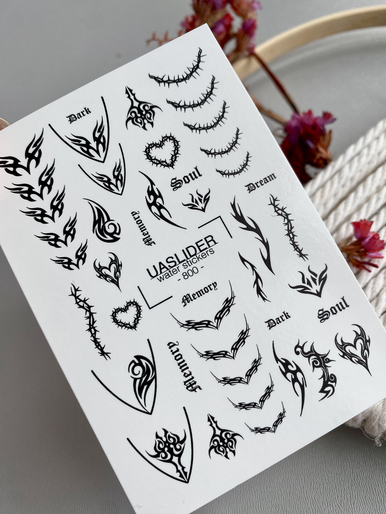 Gothic Tribal Nail Decals — Thorns Hearts Dark Script | 800 - UASLIDER