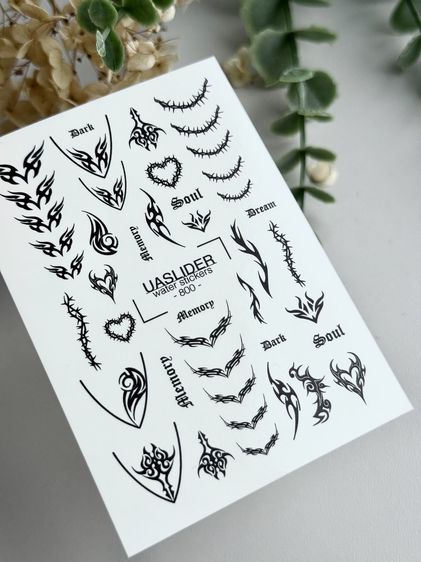 Gothic Tribal Nail Decals — Thorns Hearts Dark Script | 800 - UASLIDER