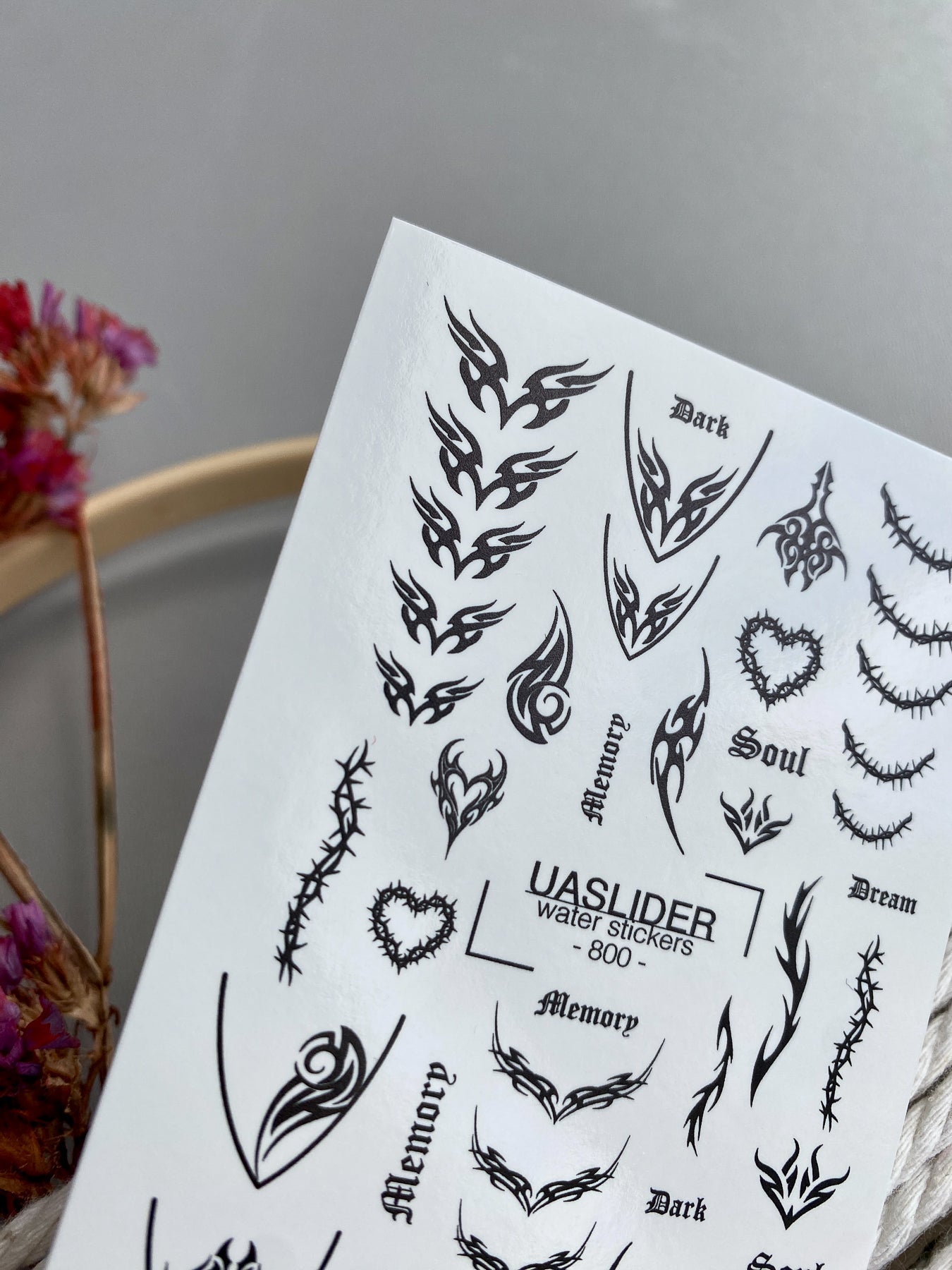 Gothic Tribal Nail Decals — Thorns Hearts Dark Script | 800 - UASLIDER