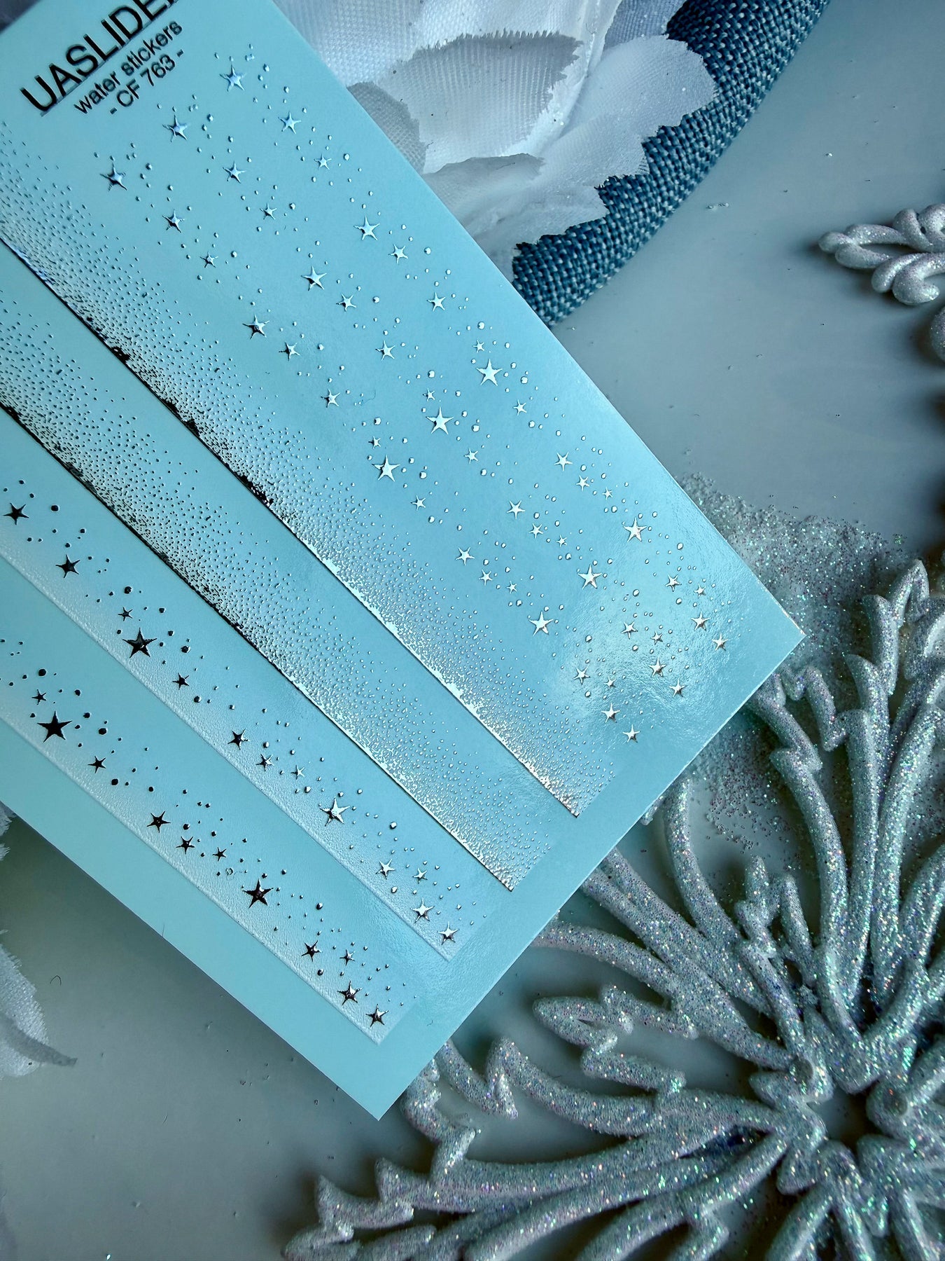 Gradient Nail Decals — White Ombre & Silver Foil Stars | CF - 763 - UASLIDER