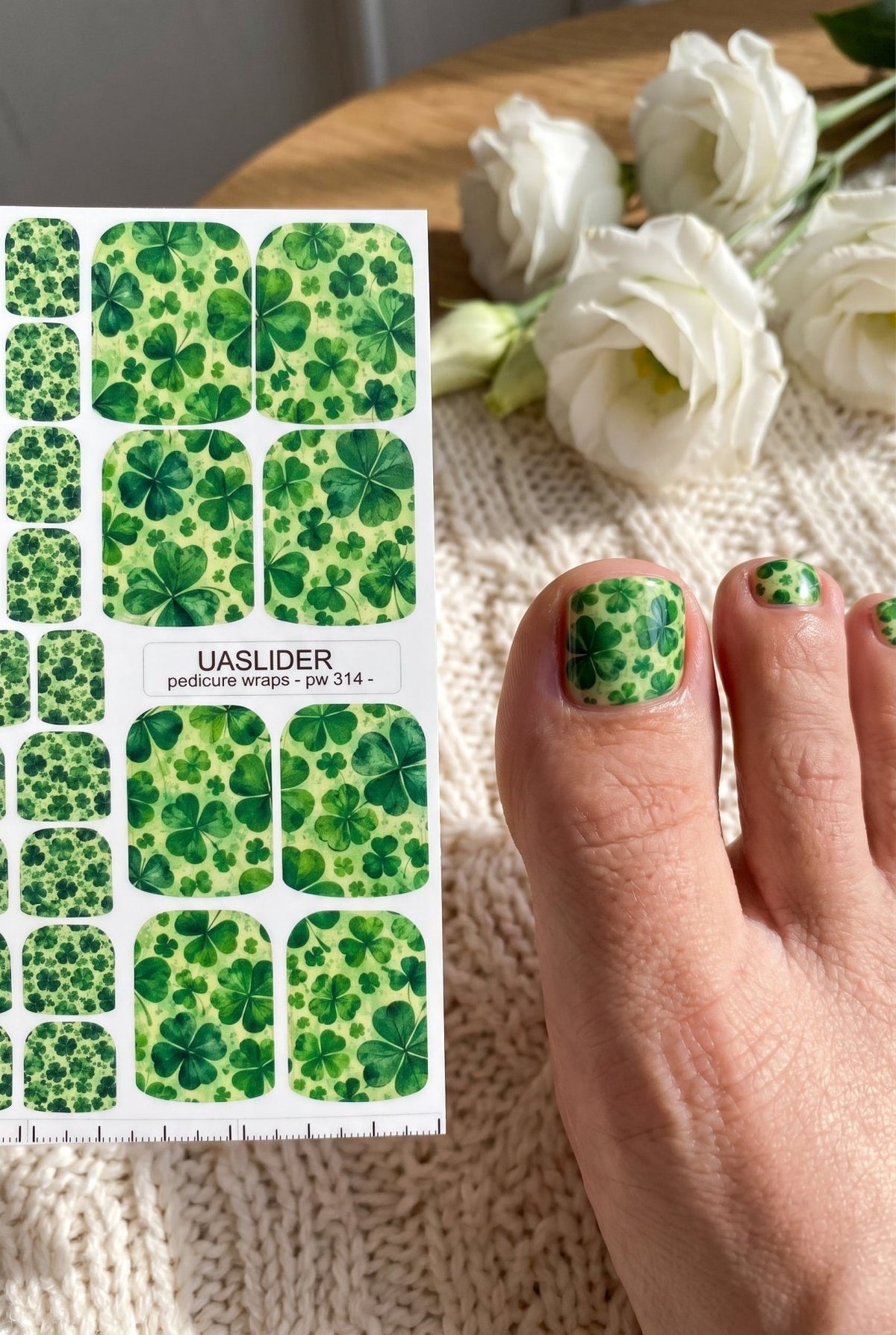 Green Clover Pedicure Nail Wraps — Lucky Leaf Pattern | pw-314 - UASLIDER