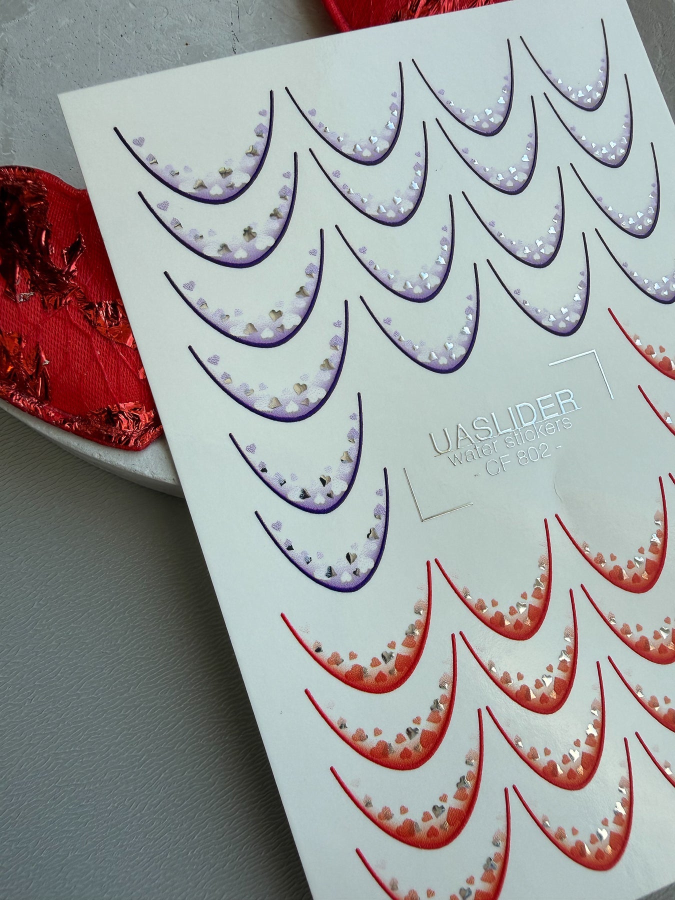 Heart French Tip Nail Decals — Purple Red Silver Foil | CF - 802 - UASLIDER