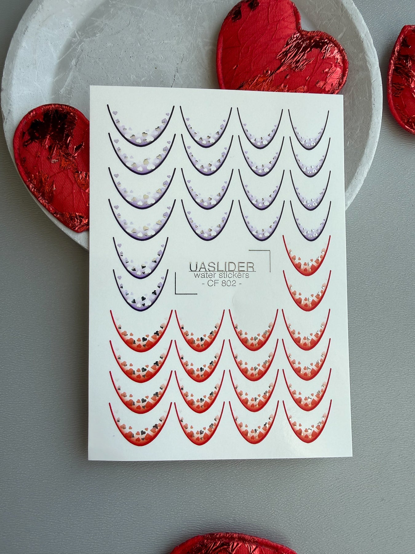 Heart French Tip Nail Decals — Purple Red Silver Foil | CF - 802 - UASLIDER