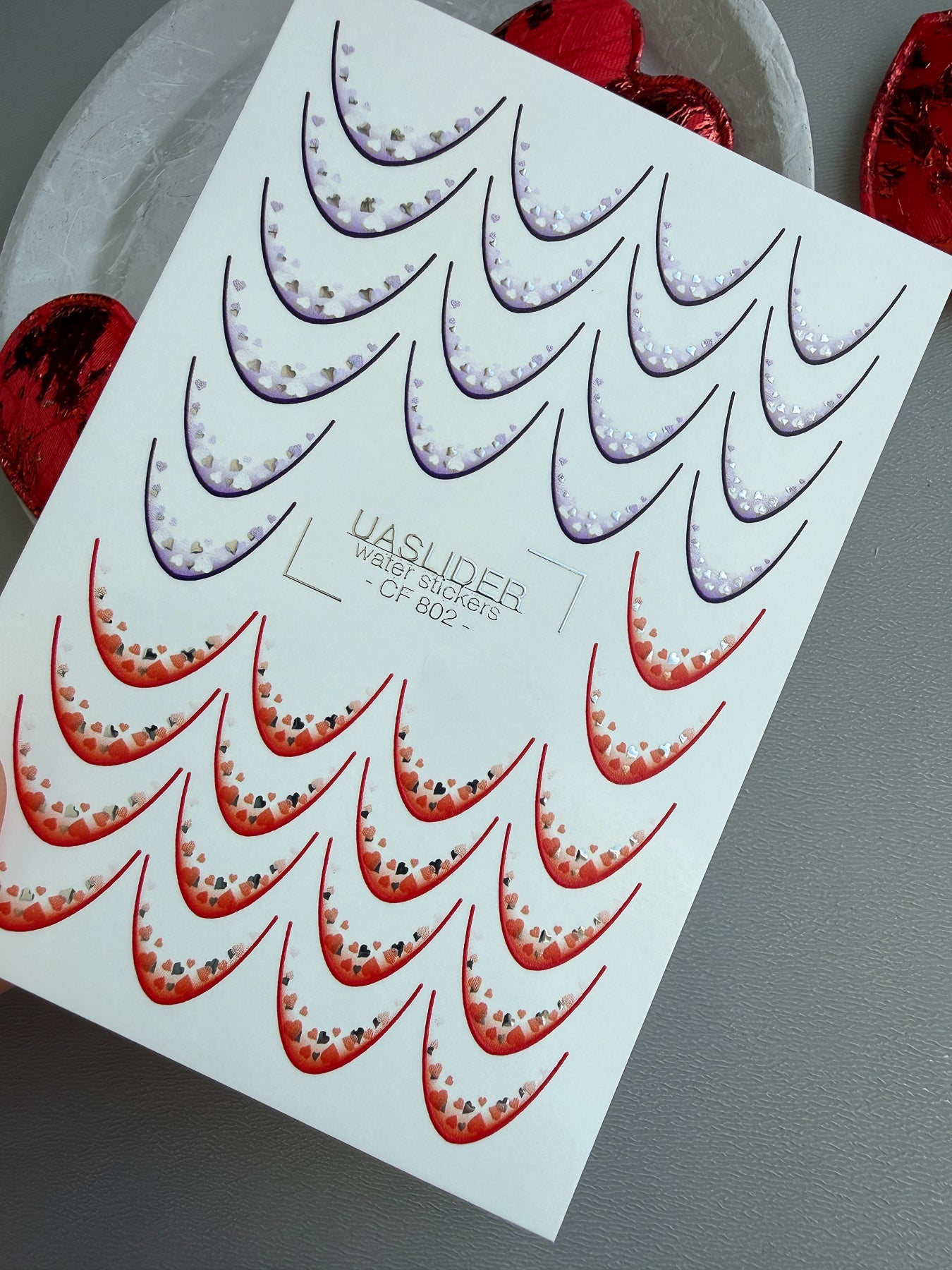 Heart French Tip Nail Decals — Purple Red Silver Foil | CF - 802 - UASLIDER