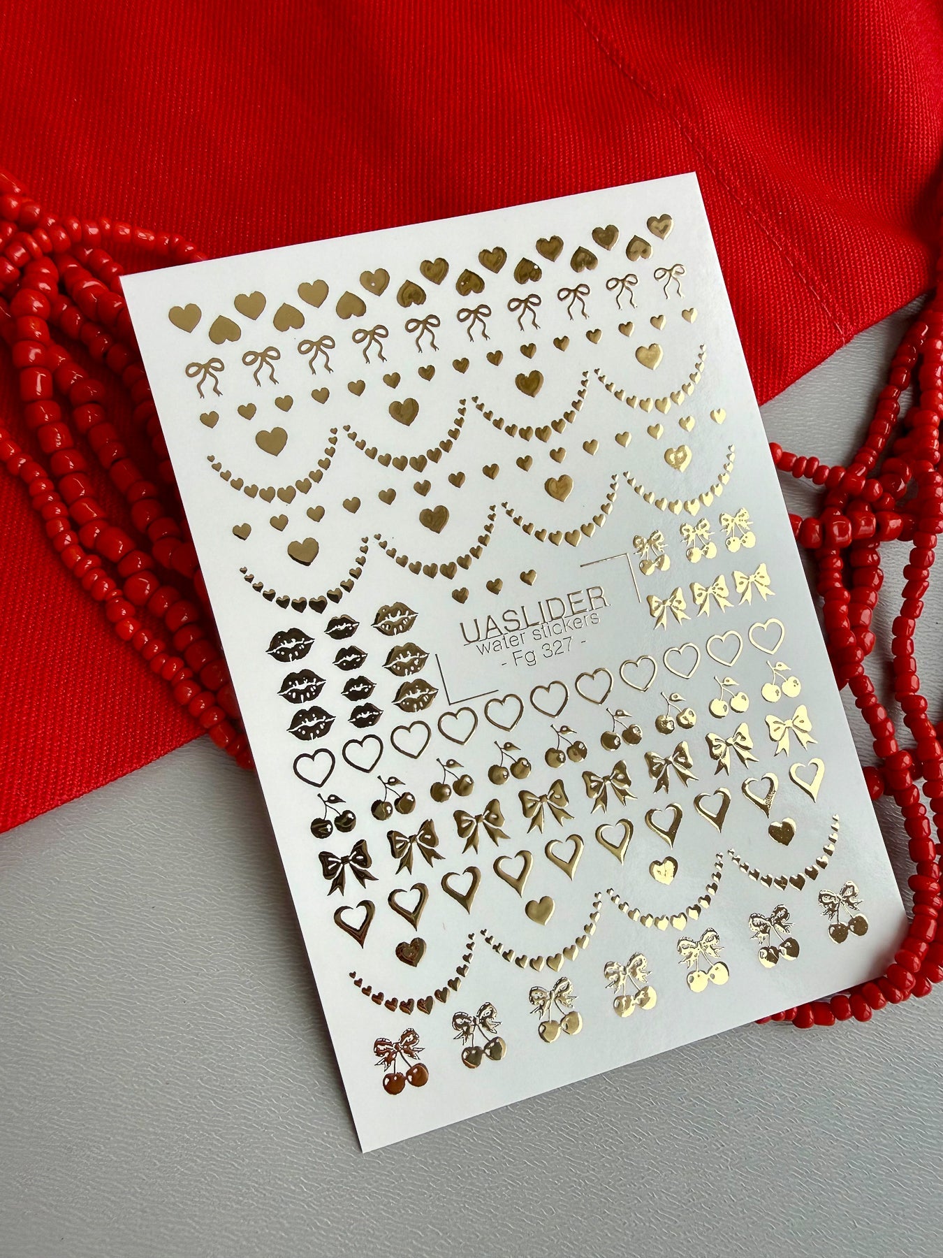 Heart Nail Decals — Gold Foil Hearts, Bows, Lips & Cherries | Fg-327 - UASLIDER