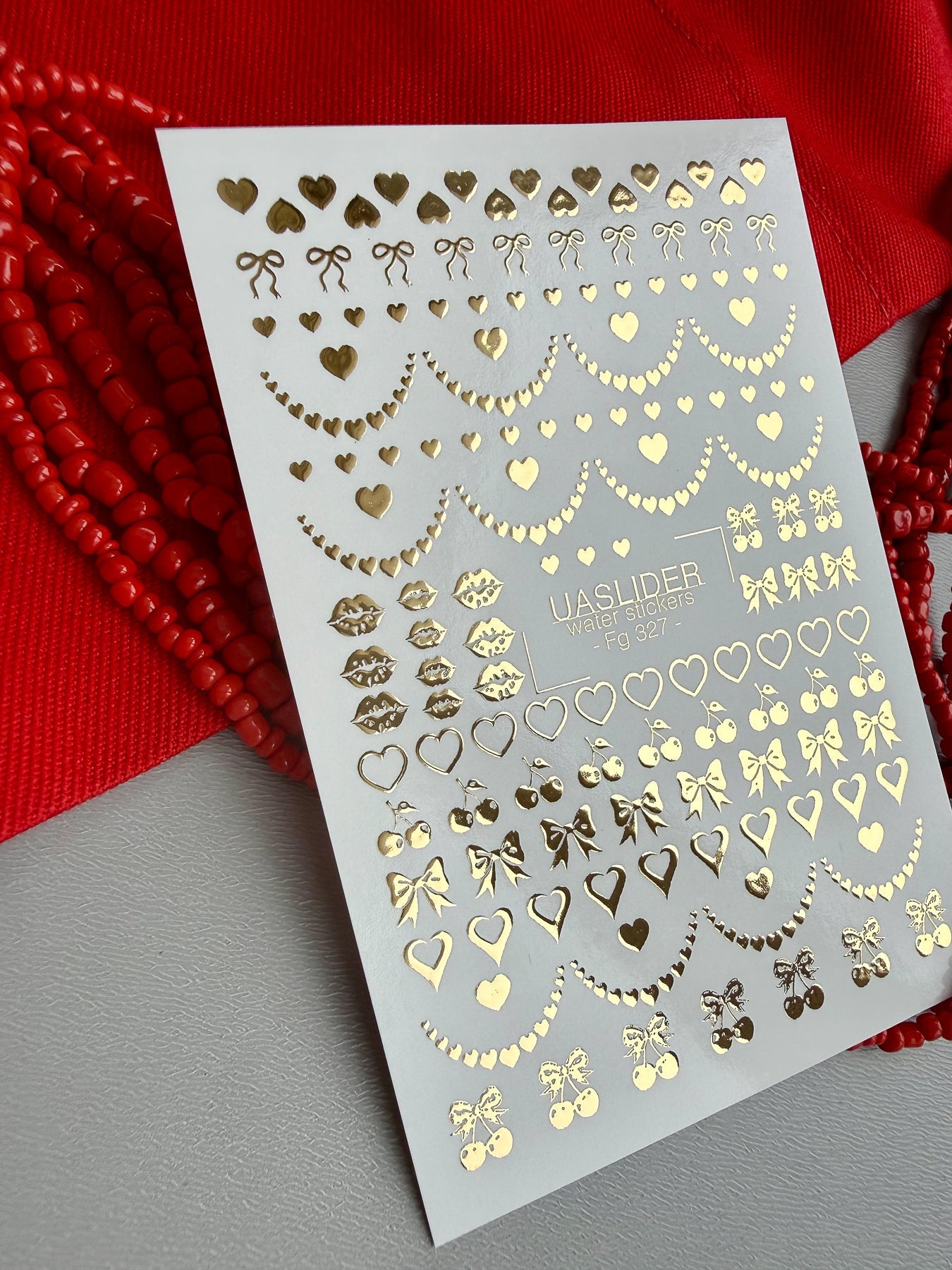 Heart Nail Decals — Gold Foil Hearts, Bows, Lips & Cherries | Fg-327 - UASLIDER