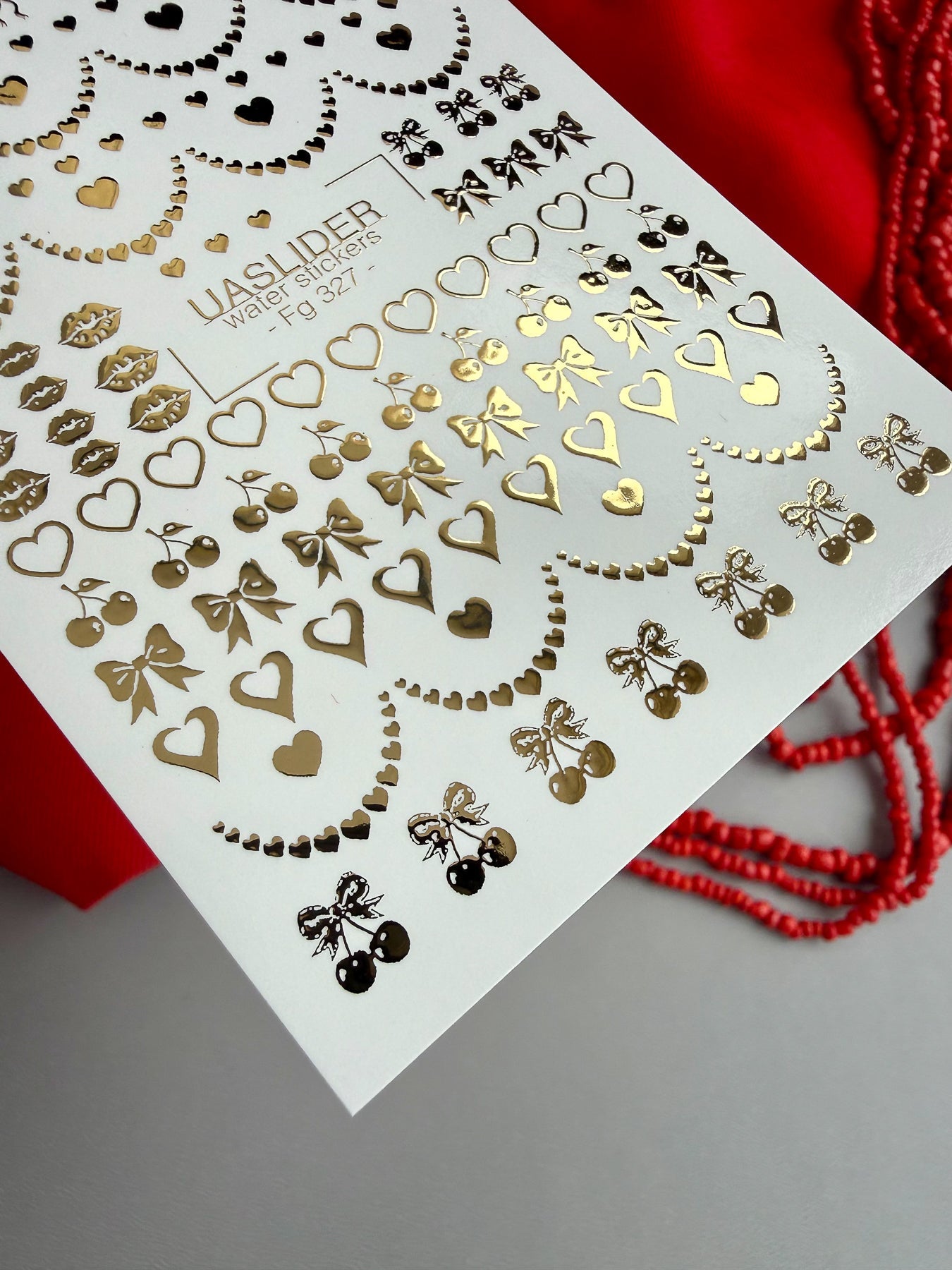 Heart Nail Decals — Gold Foil Hearts, Bows, Lips & Cherries | Fg-327 - UASLIDER