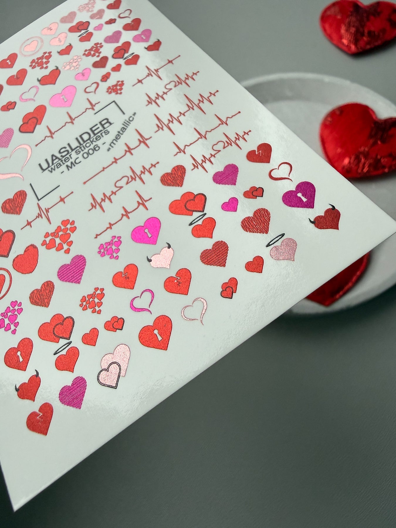 Heart Nail Decals — Metallic Devil Angel Hearts & Heartbeat | MC-006 - UASLIDER