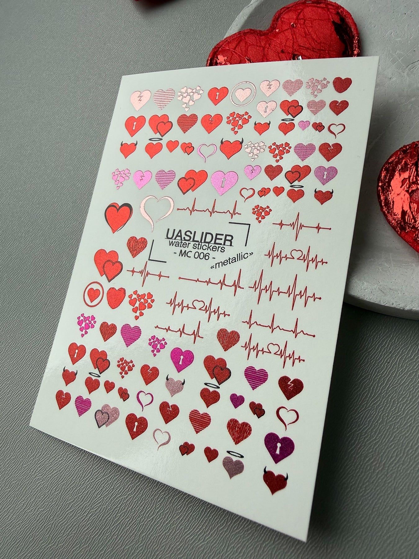 Heart Nail Decals — Metallic Devil Angel Hearts & Heartbeat | MC-006 - UASLIDER