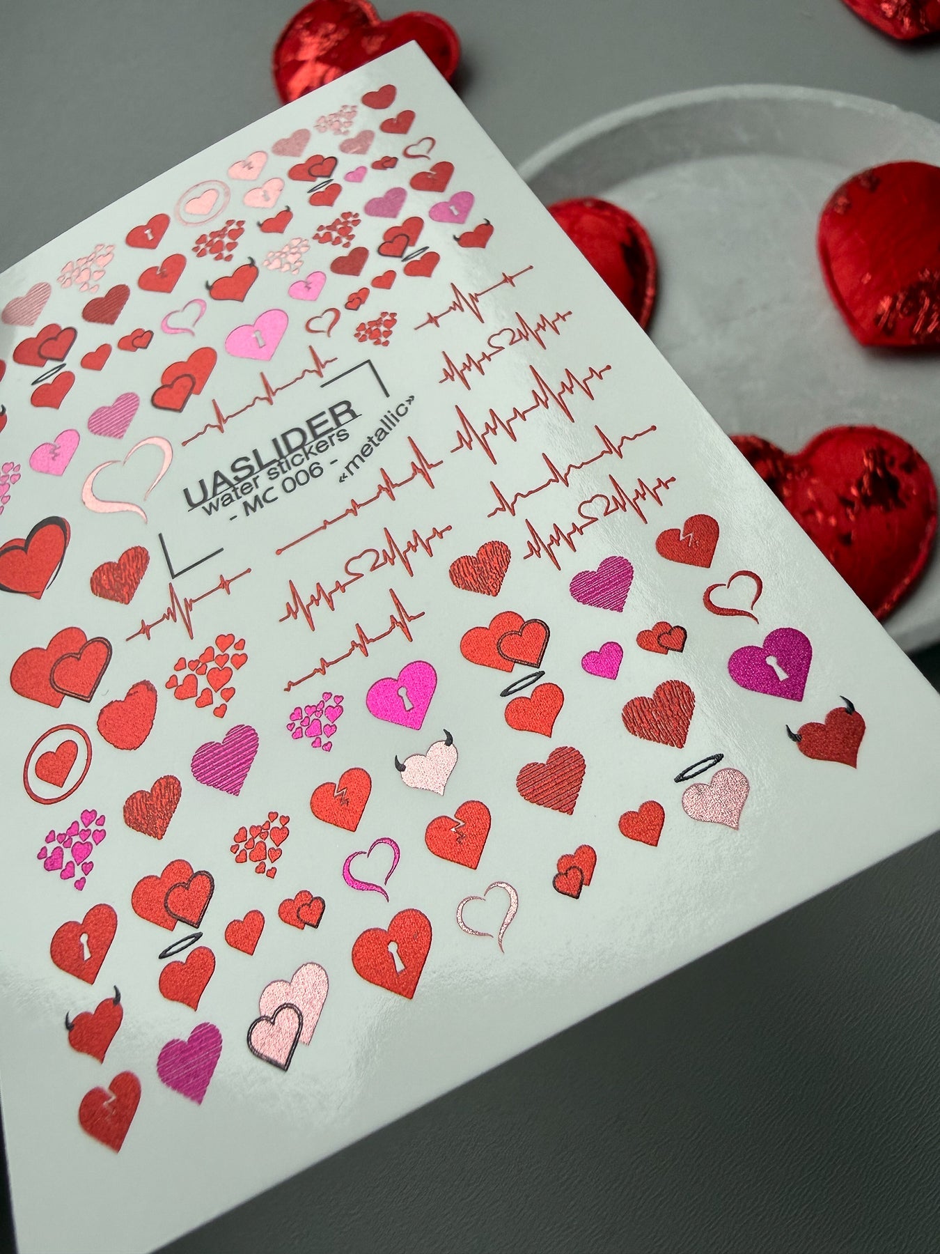 Heart Nail Decals — Metallic Devil Angel Hearts & Heartbeat | MC-006 - UASLIDER