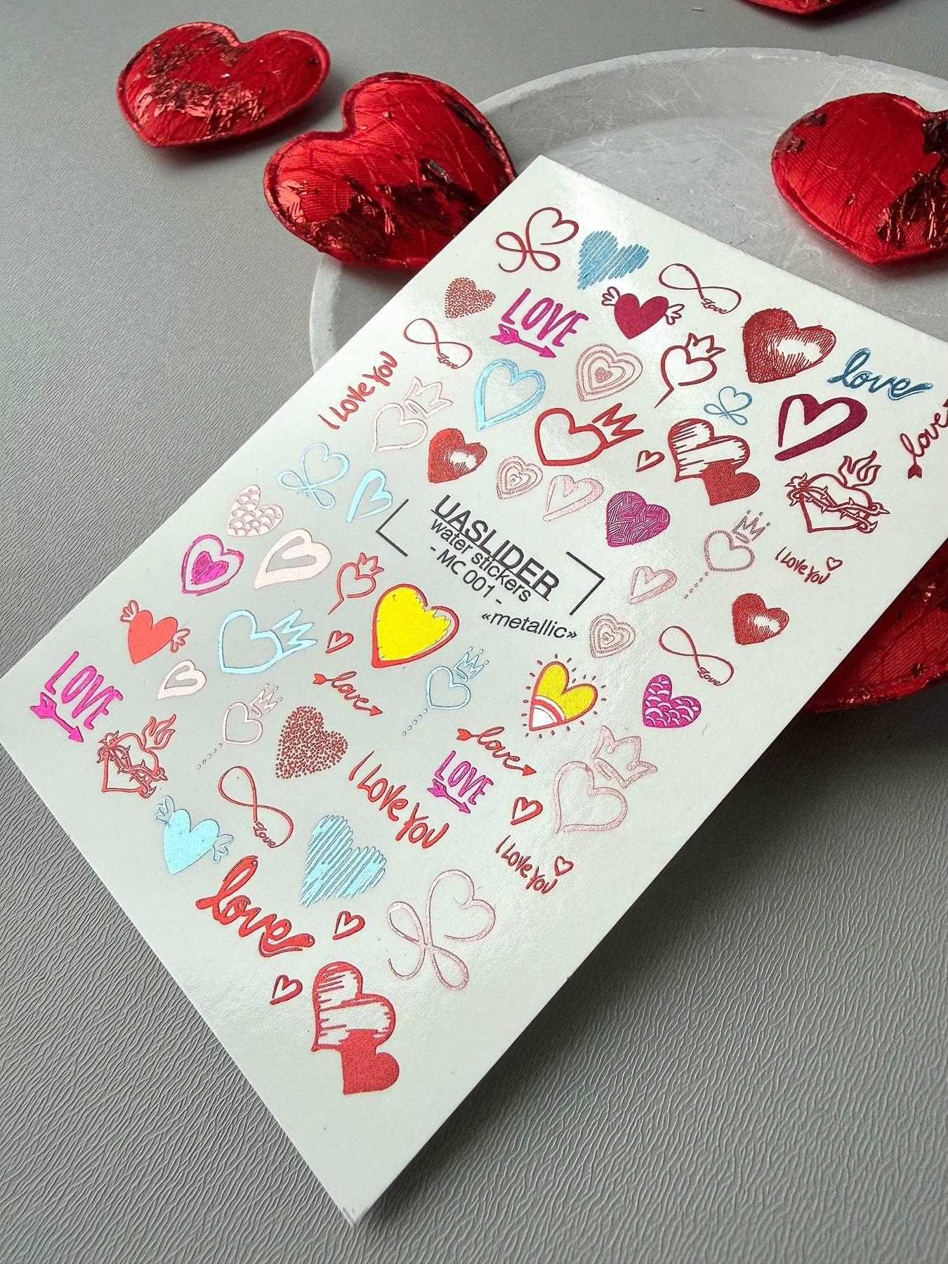 Heart Nail Decals — Metallic Love Hearts & Valentine Text | MC-001 - UASLIDER