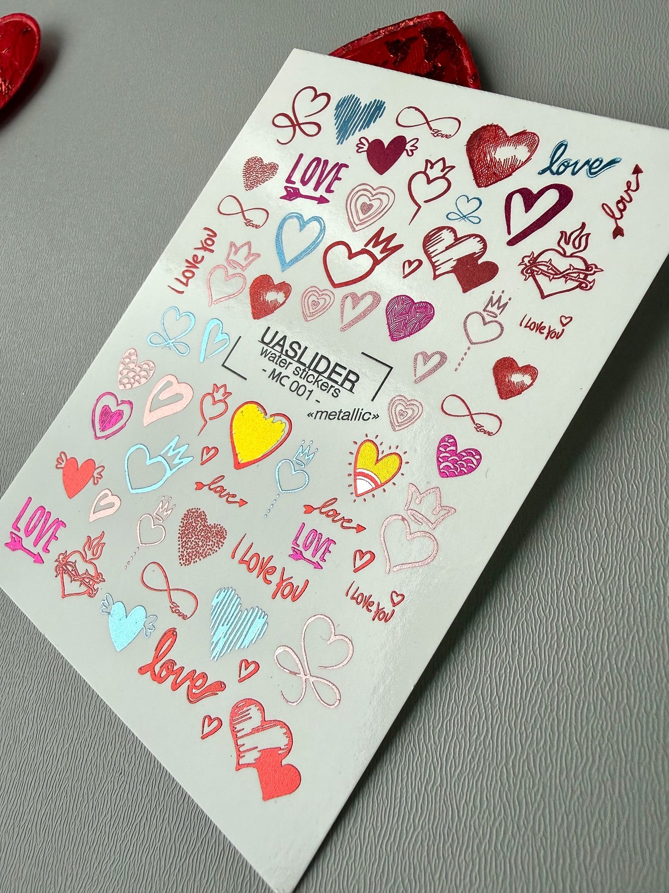 Heart Nail Decals — Metallic Love Hearts & Valentine Text | MC-001 - UASLIDER