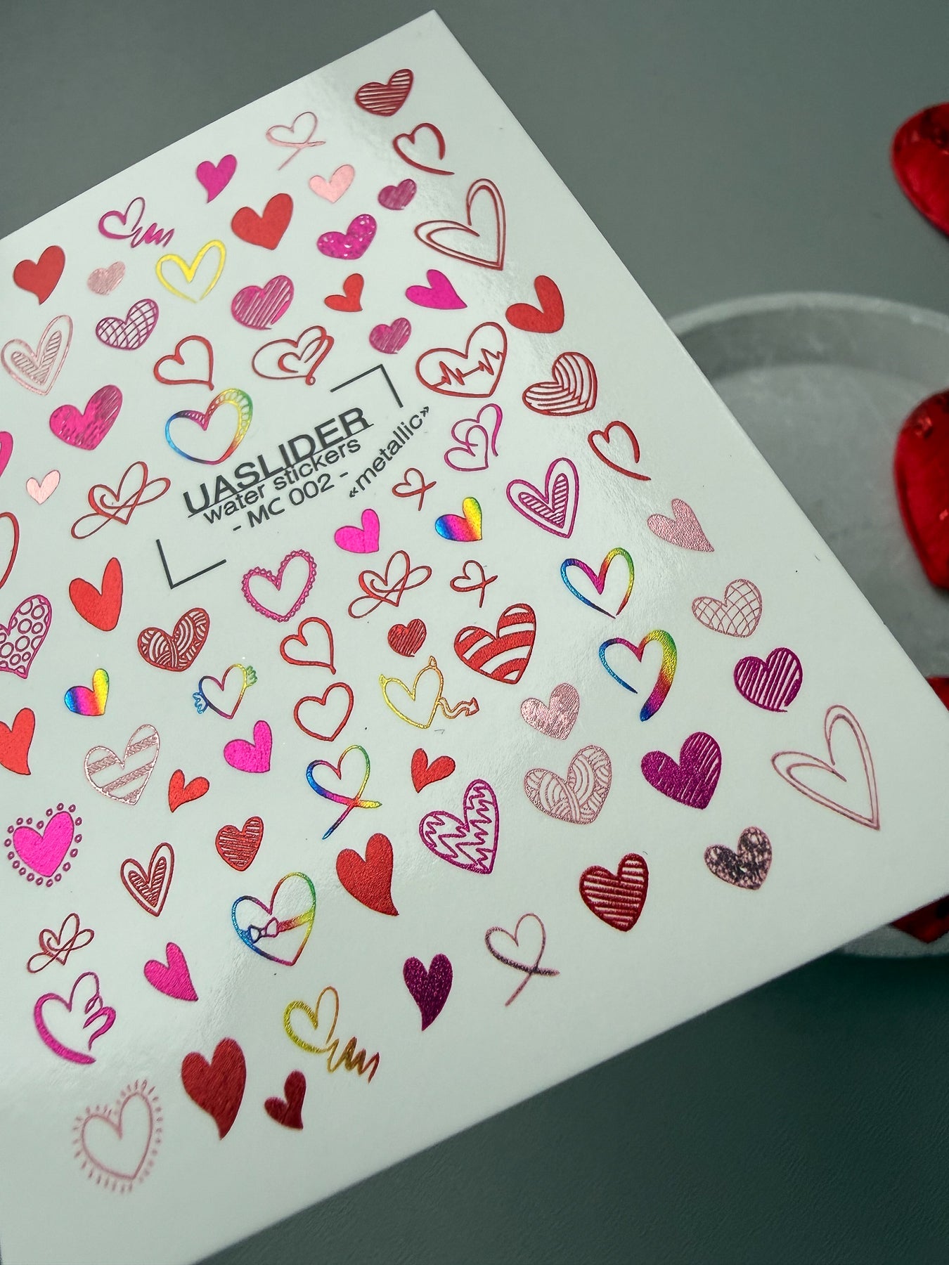 Heart Nail Decals — Metallic Pink Red Hearts All Shapes | MC-002 - UASLIDER