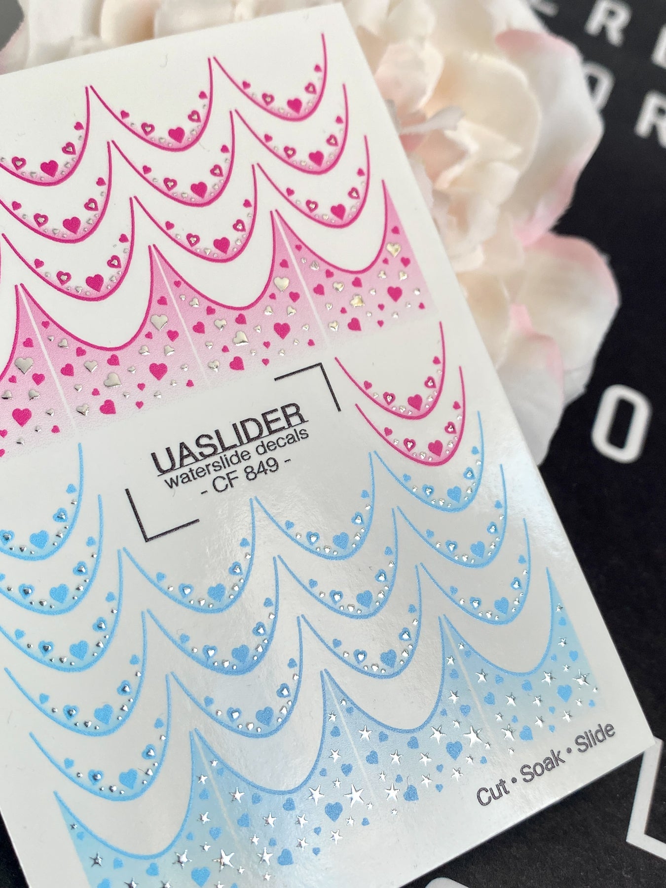 Heart Nail Decals — Pink & Blue Scale Pattern, Silver Foil | CF - 849 - UASLIDER