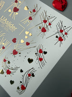 Heart Nail Decals — Red Hearts & Gold Foil Lines | CF - 075 - UASLIDER