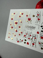 Heart Nail Decals — Red Hearts & Gold Foil Lines | CF - 075 - UASLIDER