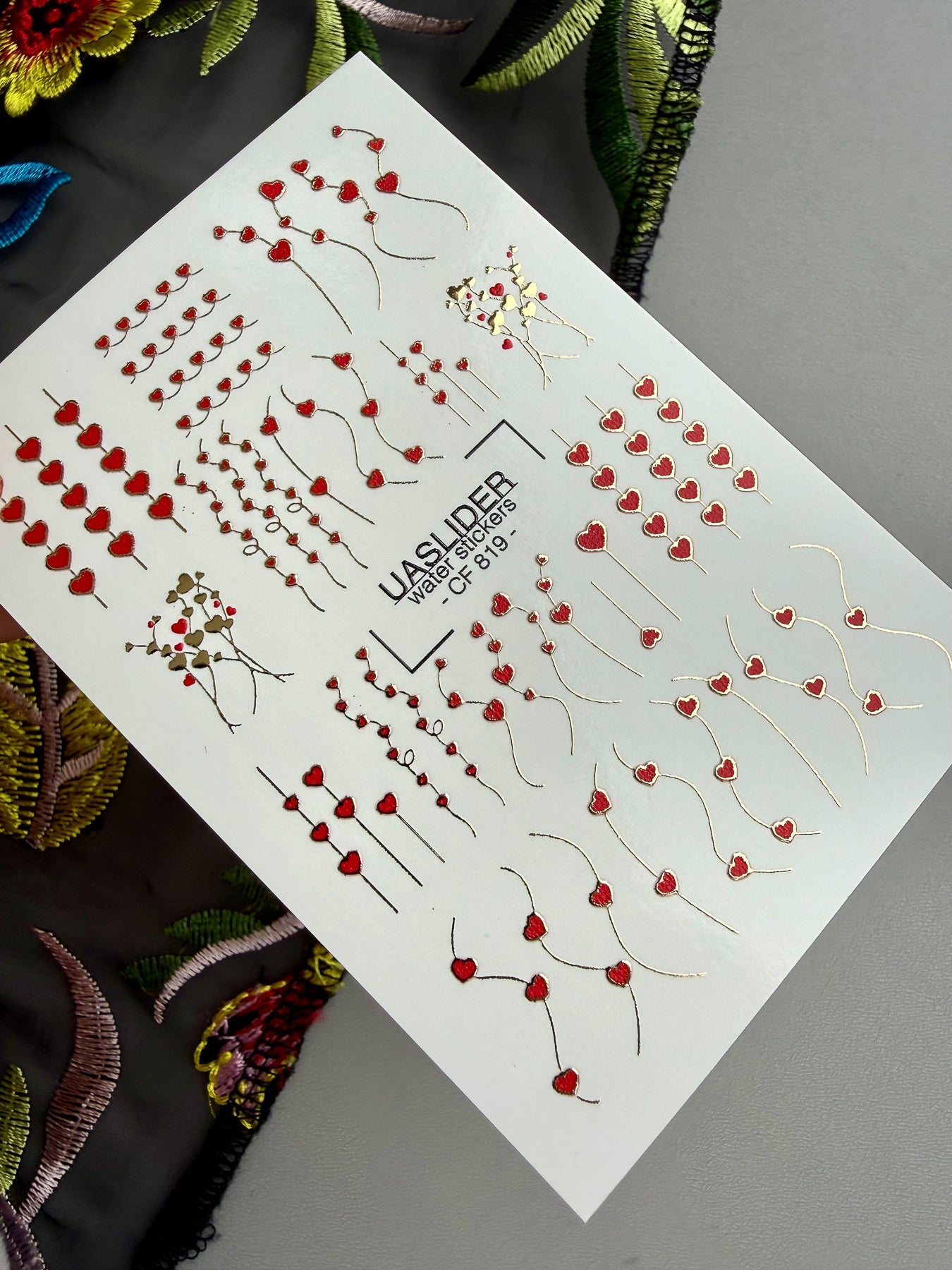 Heart Nail Decals — Red Hearts on Gold Foil Stems & Vines | CF - 819 - UASLIDER