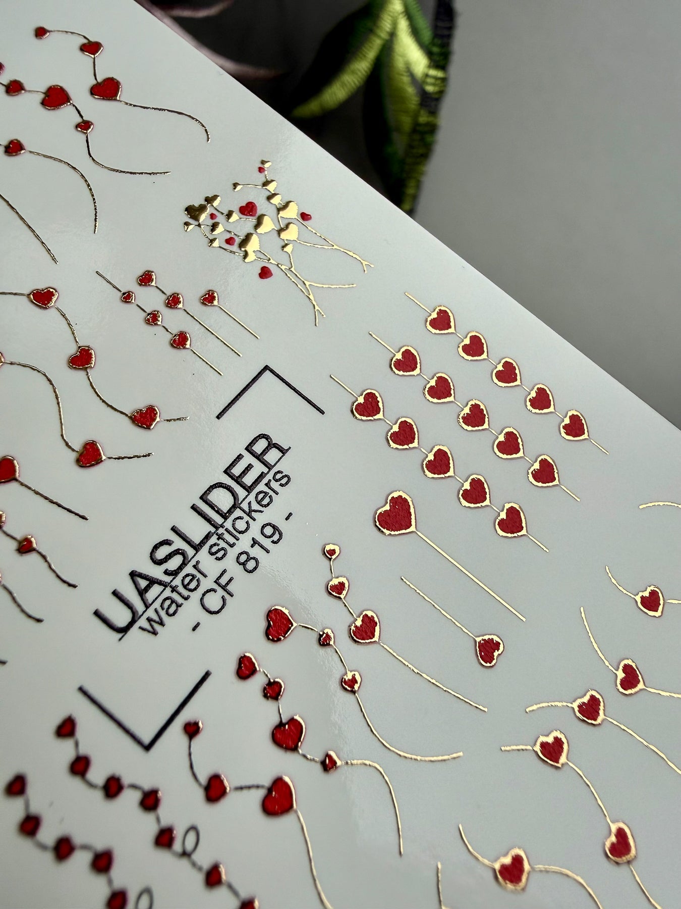 Heart Nail Decals — Red Hearts on Gold Foil Stems & Vines | CF - 819 - UASLIDER