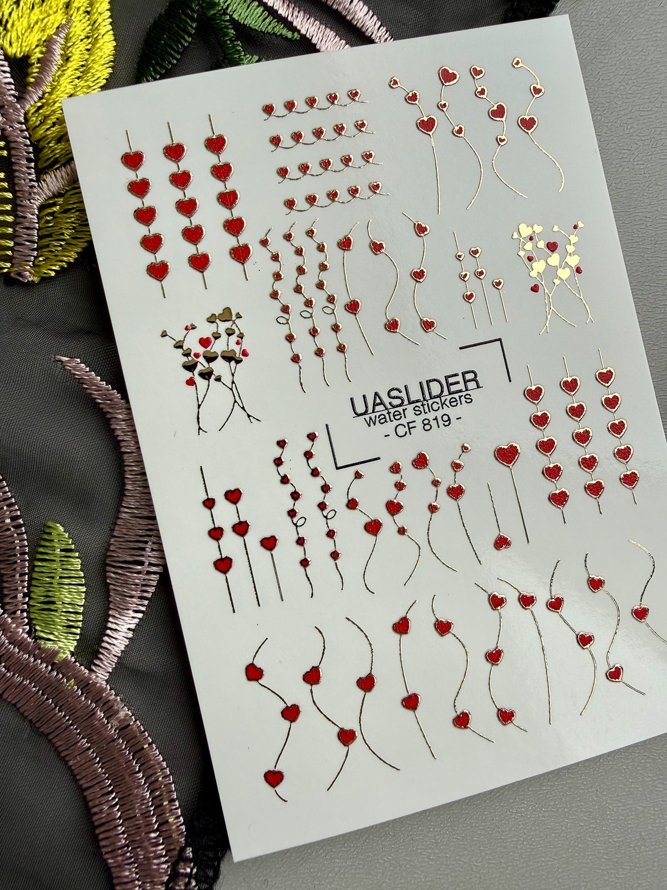 Heart Nail Decals — Red Hearts on Gold Foil Stems & Vines | CF - 819 - UASLIDER