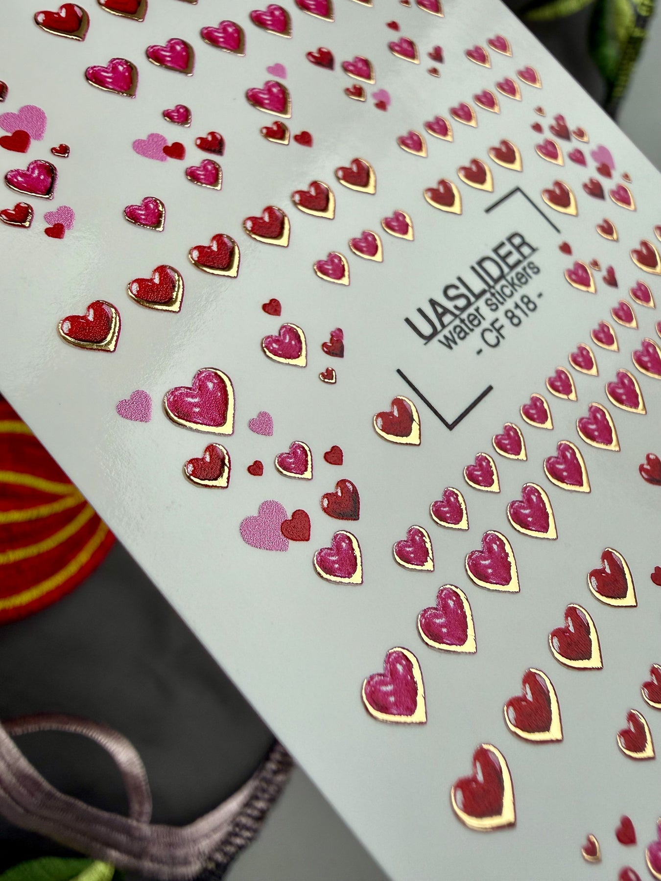 Heart Nail Decals — Red & Pink Hearts with Gold Foil Border | CF - 818 - UASLIDER
