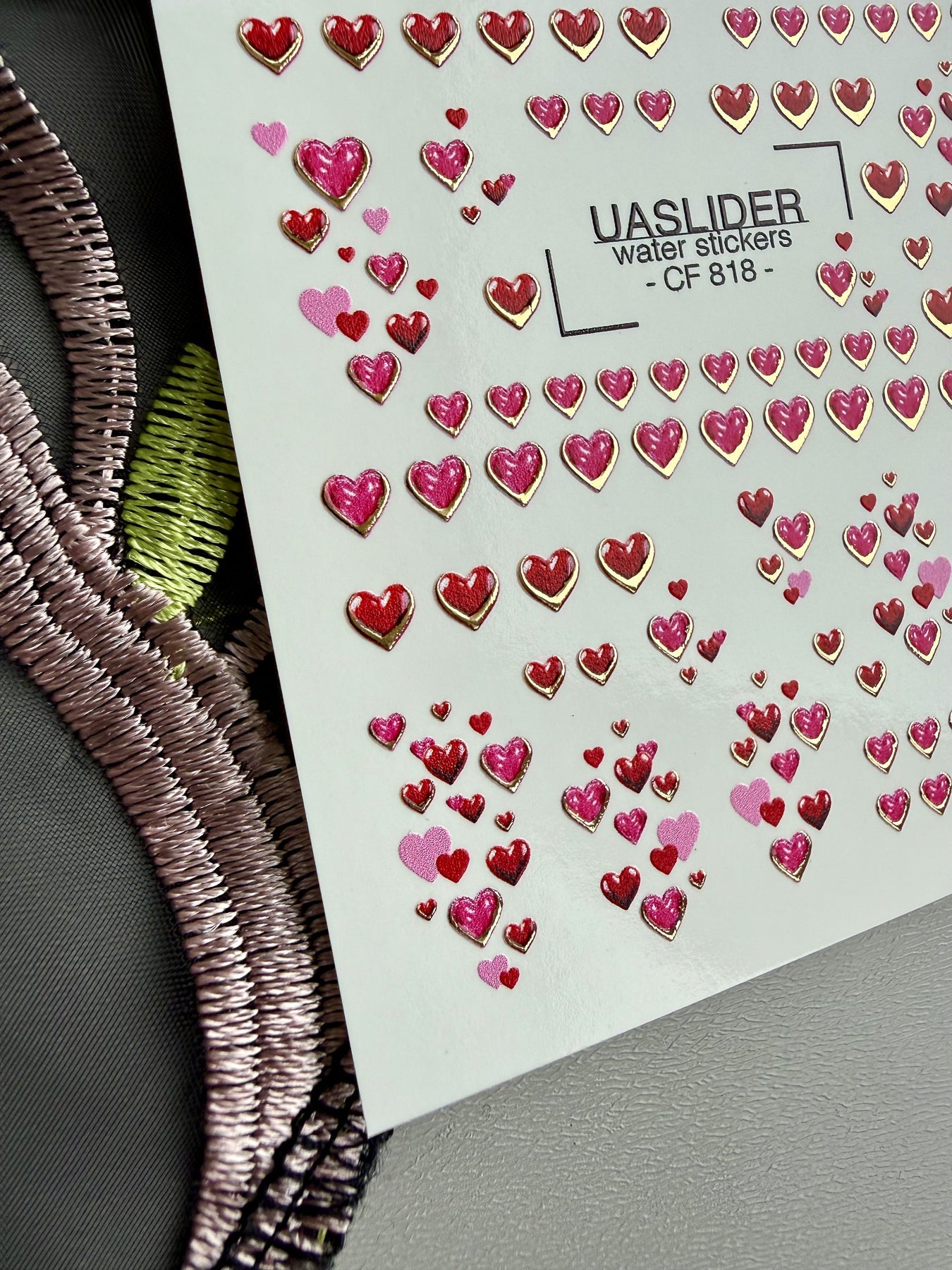 Heart Nail Decals — Red & Pink Hearts with Gold Foil Border | CF - 818 - UASLIDER