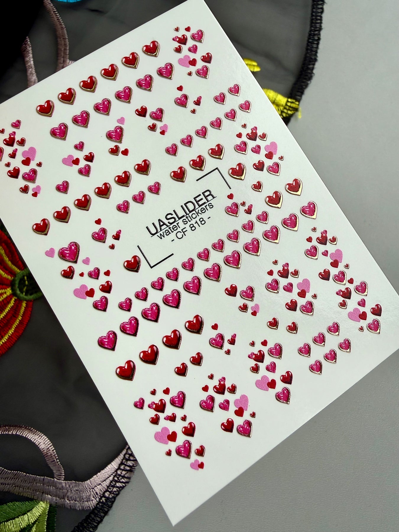 Heart Nail Decals — Red & Pink Hearts with Gold Foil Border | CF - 818 - UASLIDER