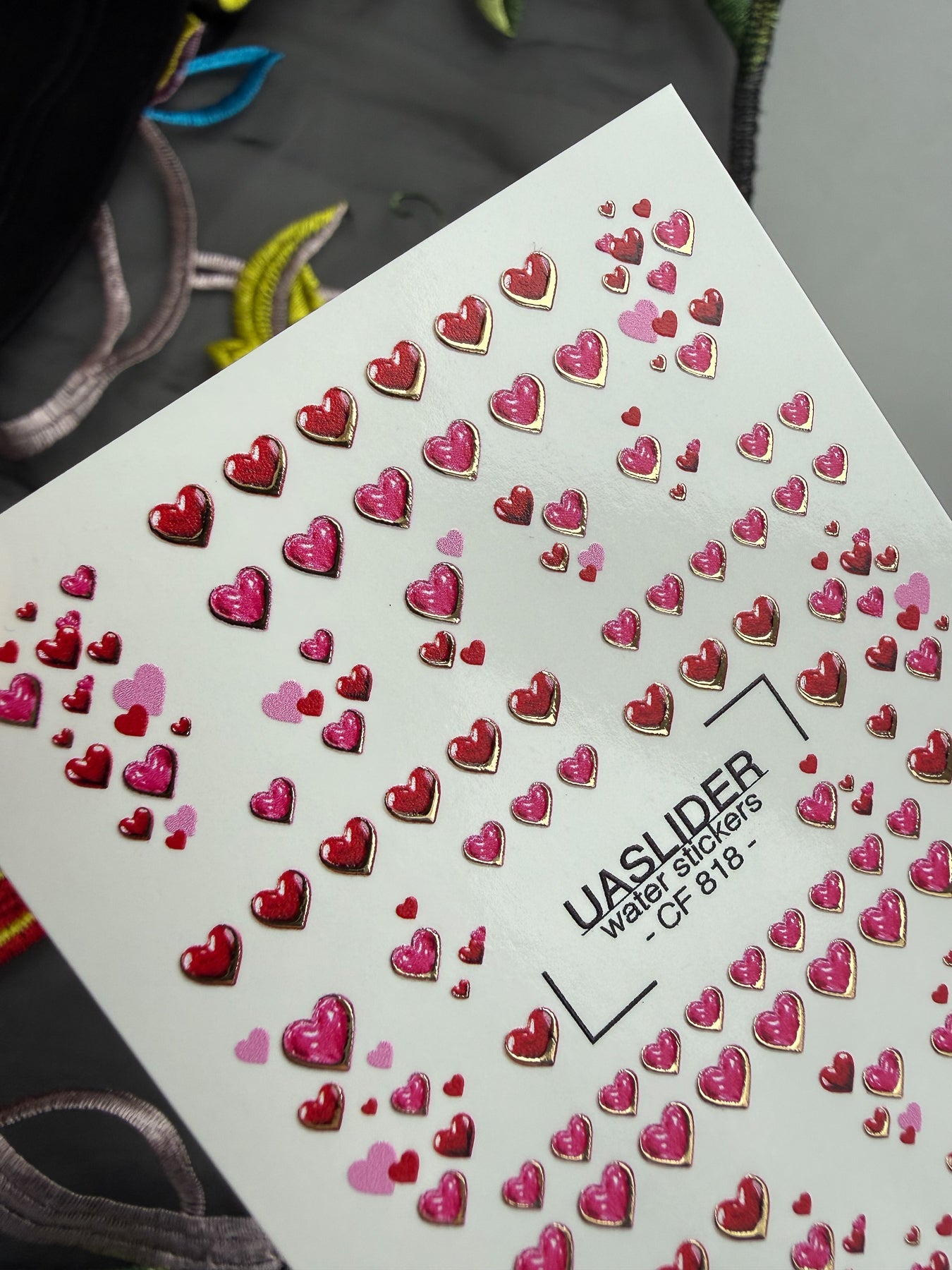 Heart Nail Decals — Red & Pink Hearts with Gold Foil Border | CF - 818 - UASLIDER