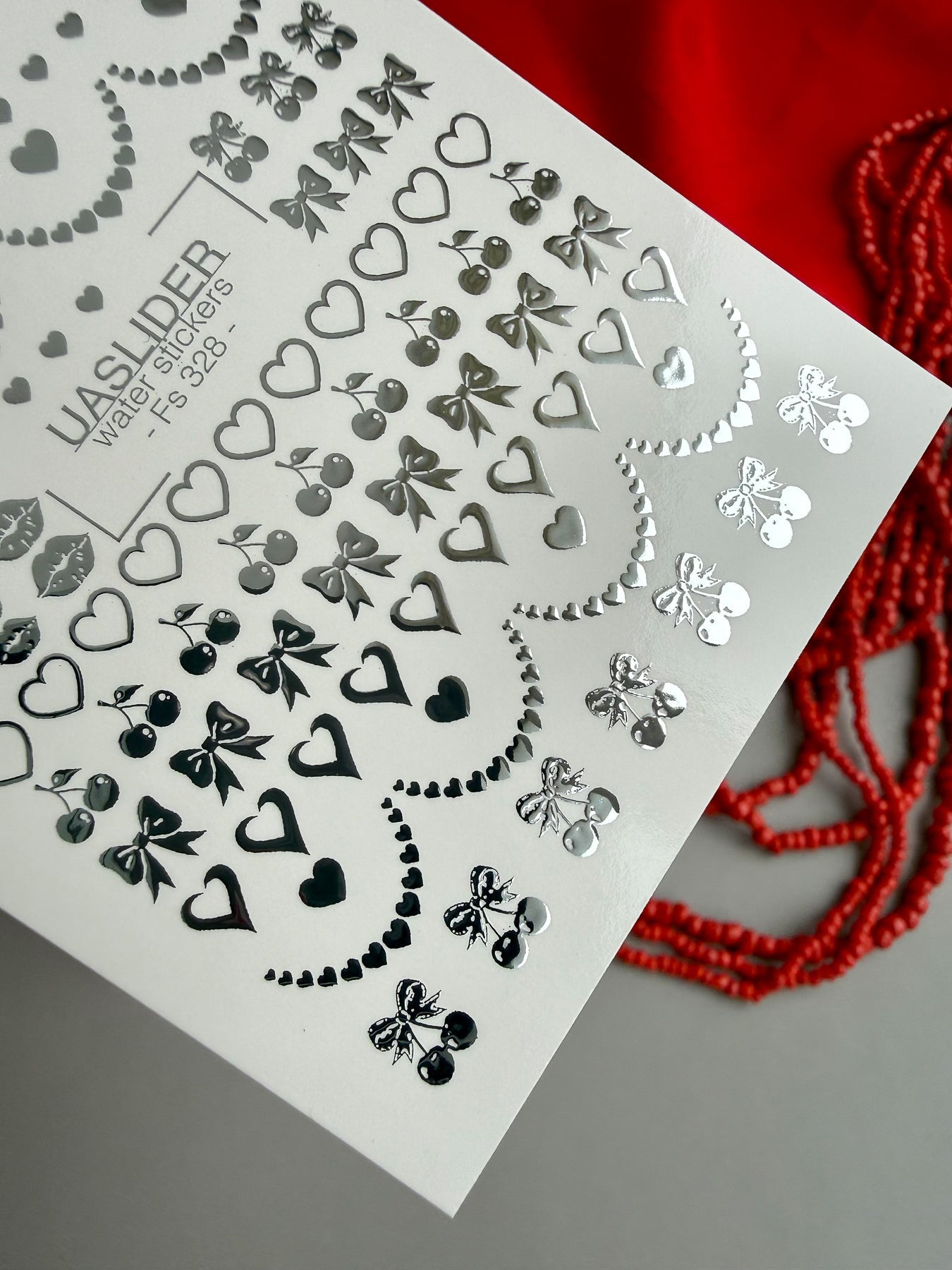 Heart Nail Decals — Silver Foil Hearts, Bows, Lips & Cherries | Fs-328 - UASLIDER