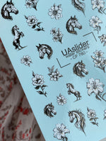 Horse & Floral Nail Decals — Black White Gold Foil | CF - 780 - UASLIDER