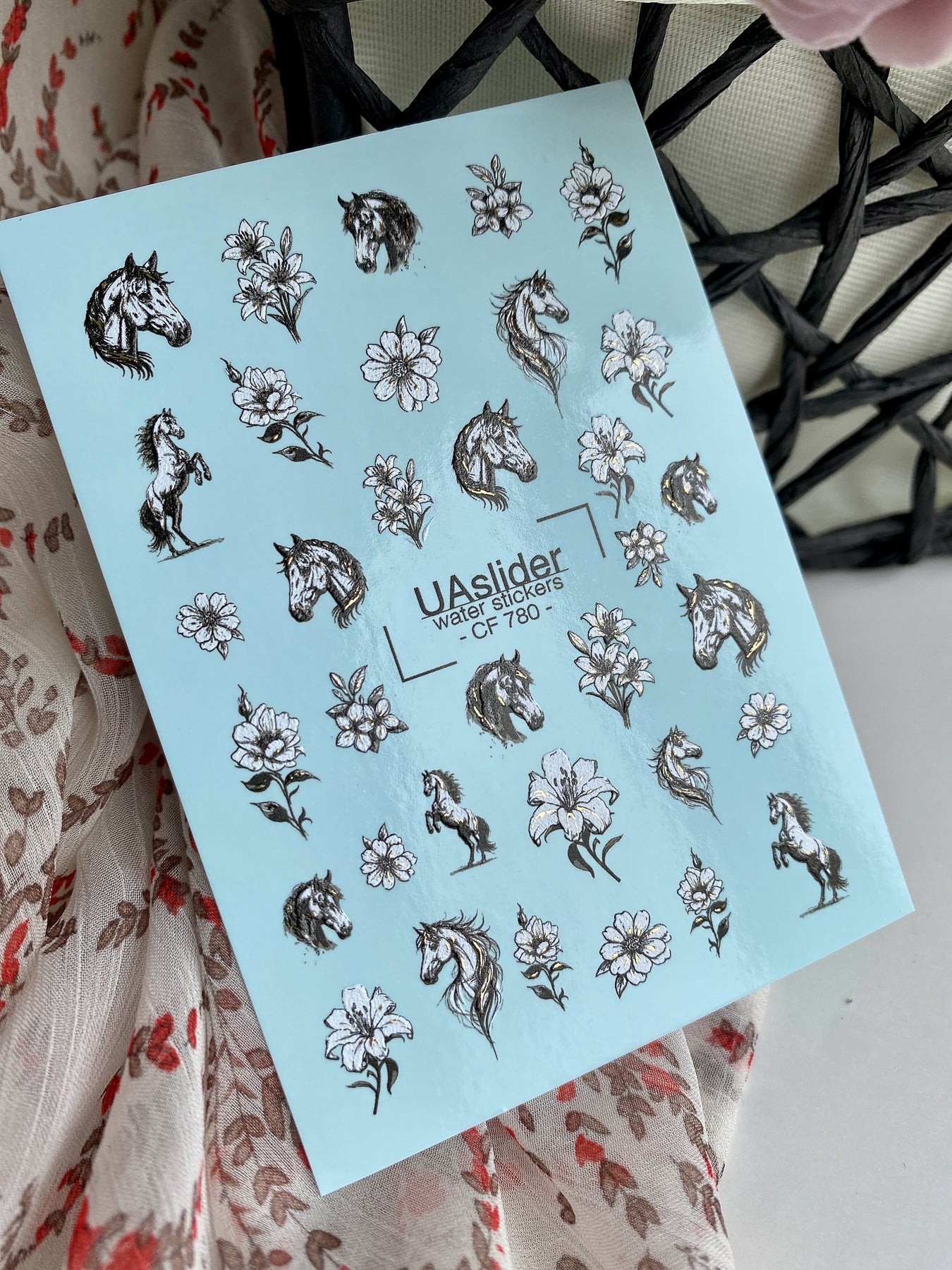 Horse & Floral Nail Decals — Black White Gold Foil | CF - 780 - UASLIDER