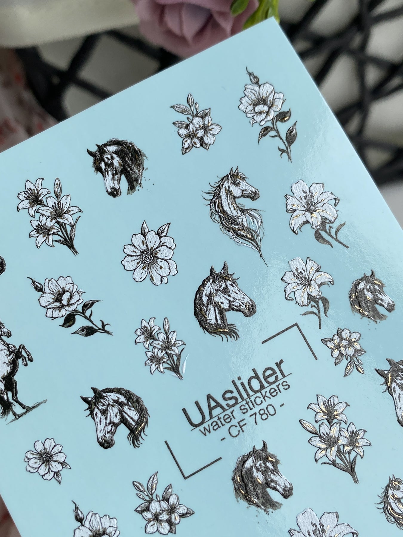 Horse & Floral Nail Decals — Black White Gold Foil | CF - 780 - UASLIDER