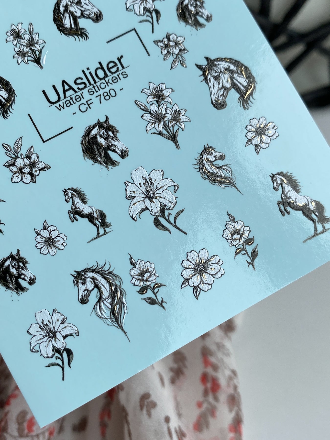 Horse & Floral Nail Decals — Black White Gold Foil | CF - 780 - UASLIDER