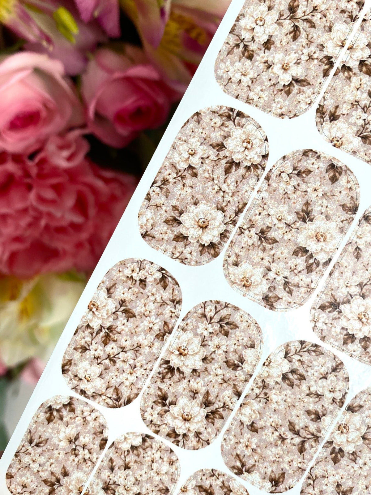 Ivory Blossom Manicure Wraps — Taupe Floral Pattern | mw-071 - UASLIDER