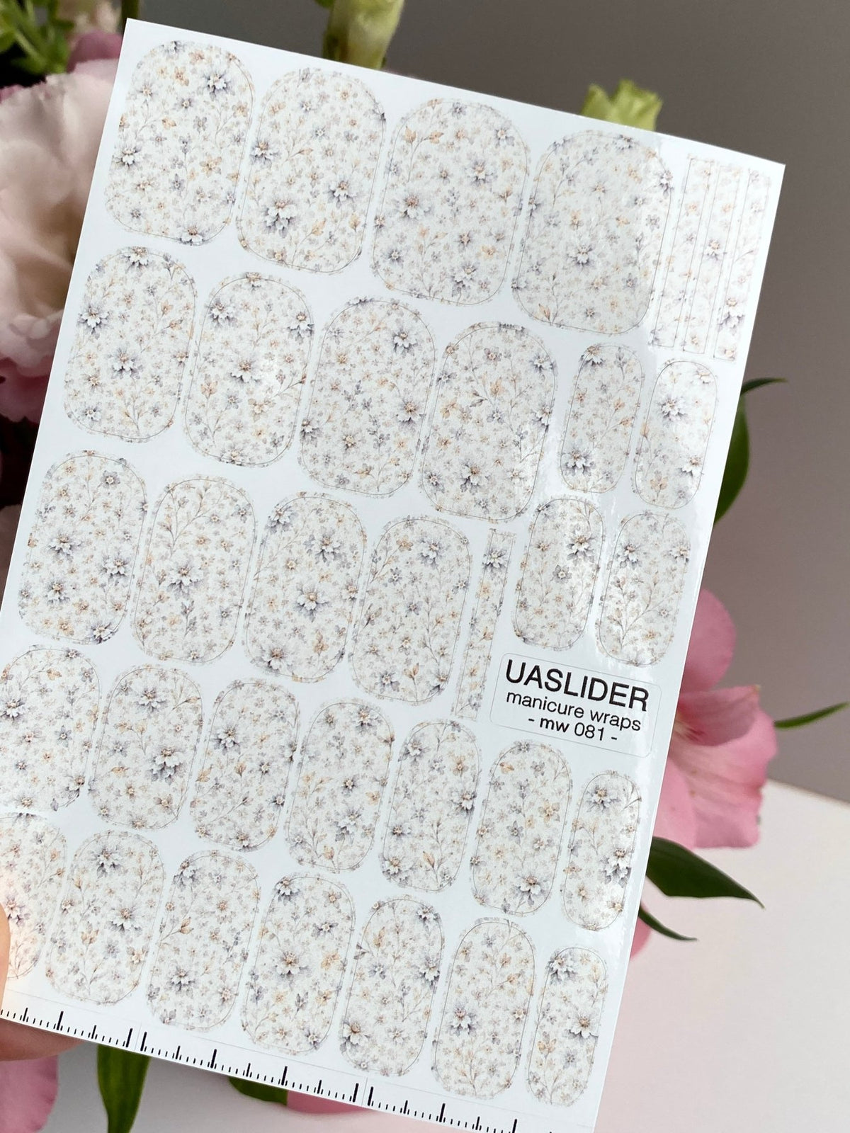 Ivory Floral Manicure Wraps — Tiny Gray & Beige Flowers | mw-081 - UASLIDER