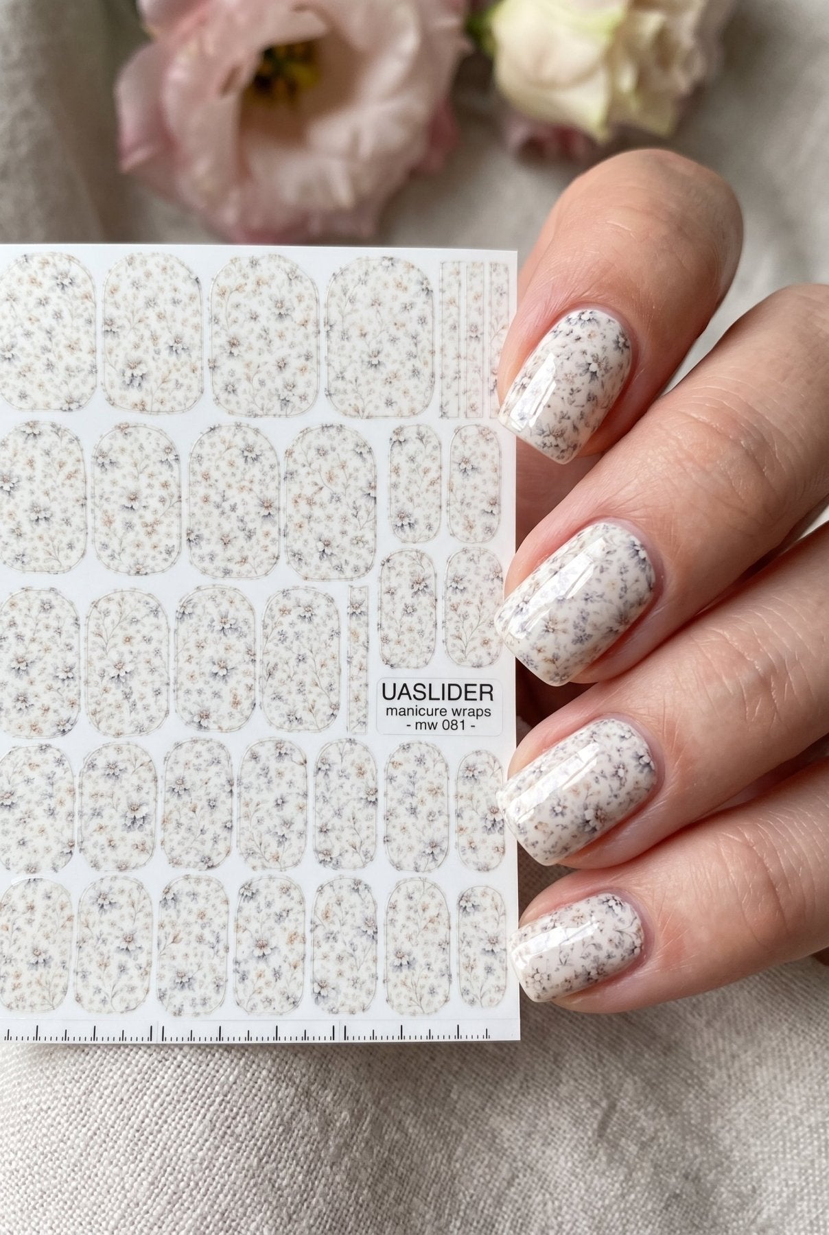 Ivory Floral Manicure Wraps — Tiny Gray & Beige Flowers | mw-081 - UASLIDER