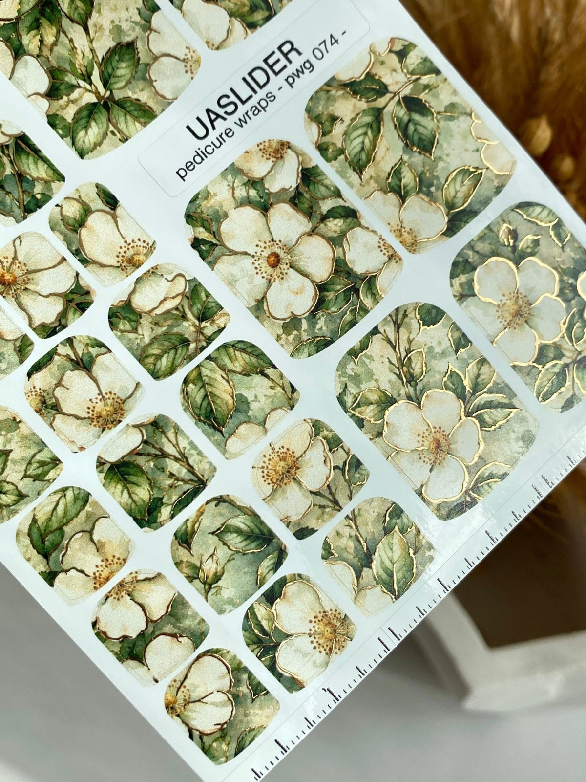 Ivory Floral Pedicure Wraps — Green Leaves & Gold Foil | pwg-074 - UASLIDER