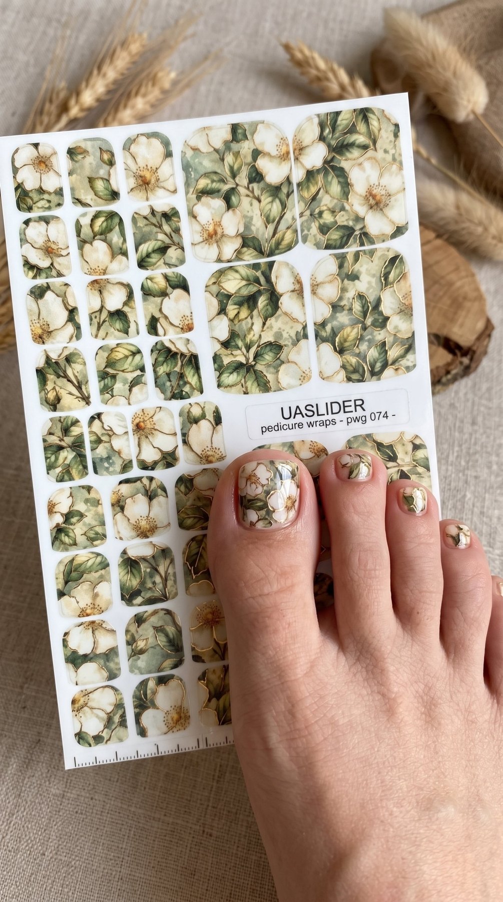 Ivory Floral Pedicure Wraps — Green Leaves & Gold Foil | pwg-074 - UASLIDER