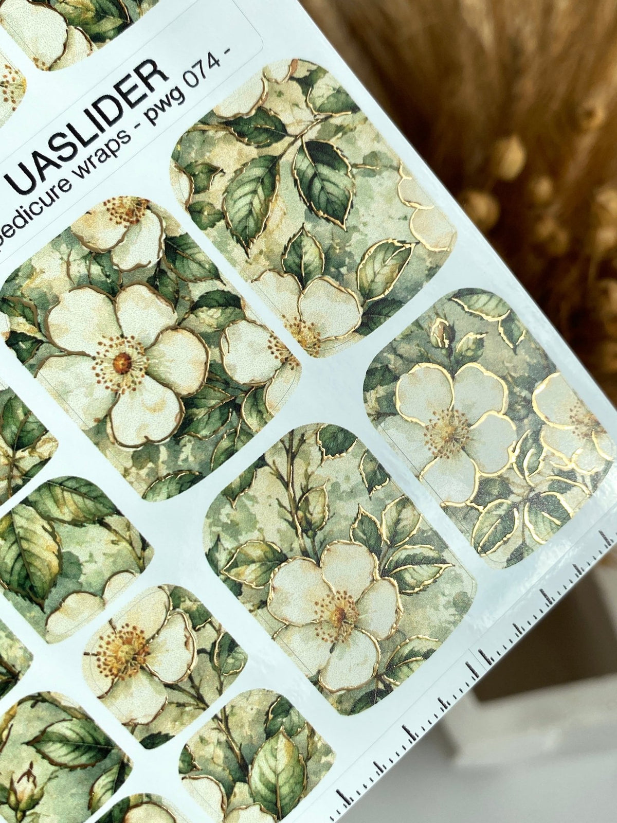 Ivory Floral Pedicure Wraps — Green Leaves & Gold Foil | pwg-074 - UASLIDER