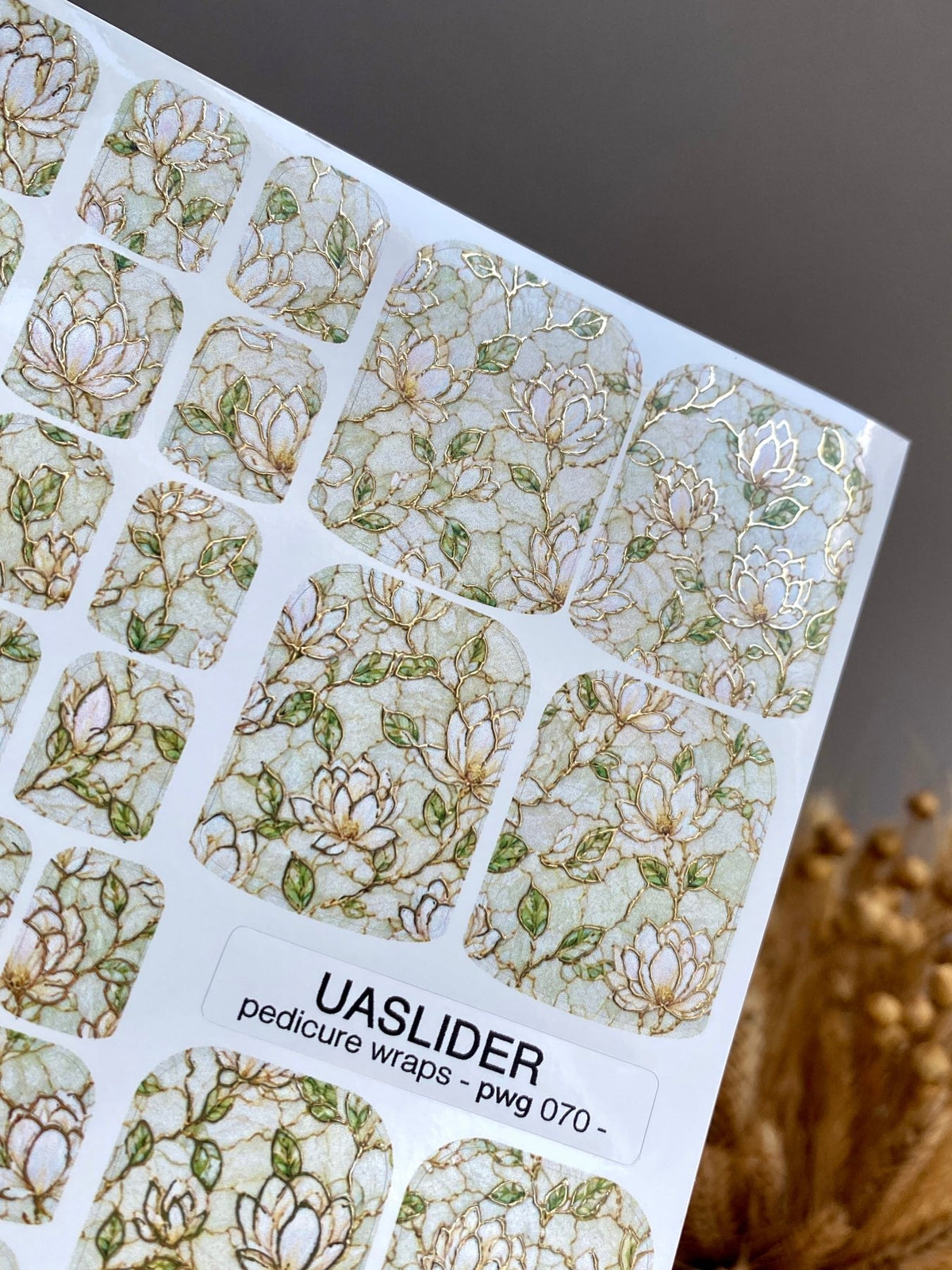Ivory Magnolia Pedicure Wraps — Gold Foil & Sage | pwg-070 - UASLIDER