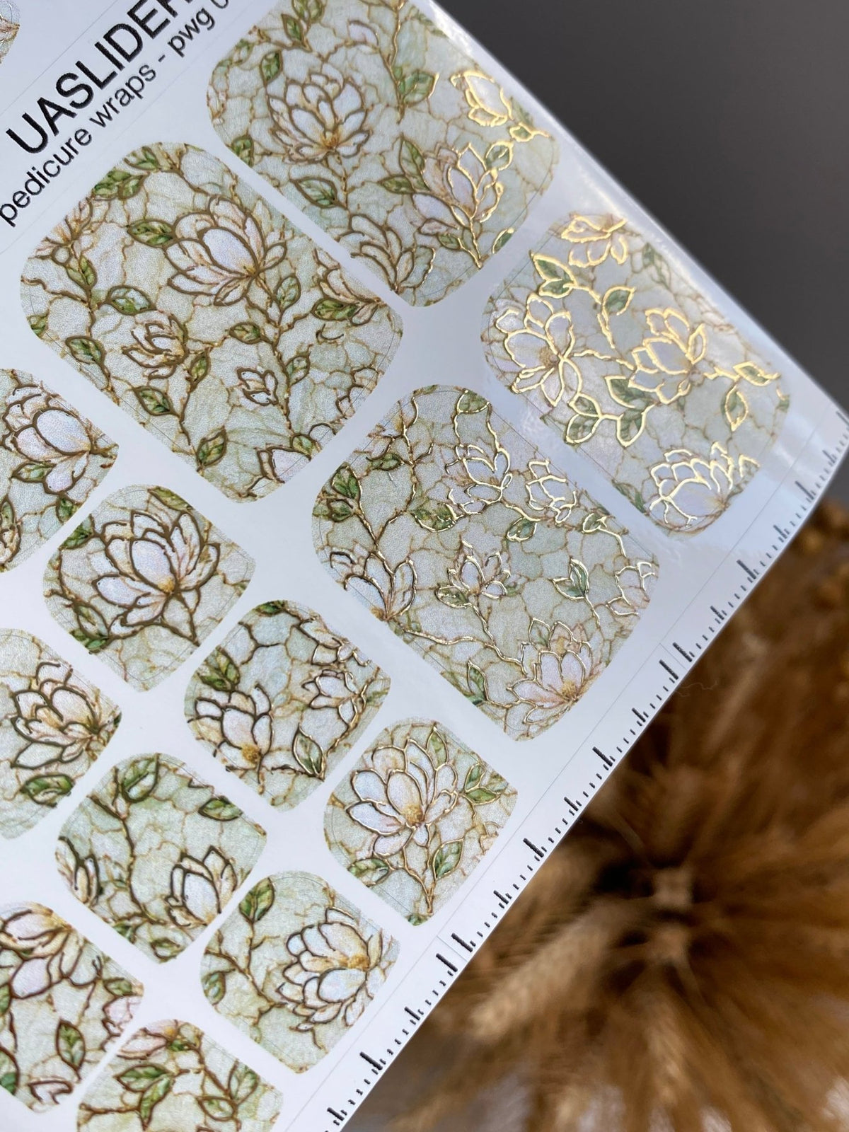 Ivory Magnolia Pedicure Wraps — Gold Foil & Sage | pwg-070 - UASLIDER