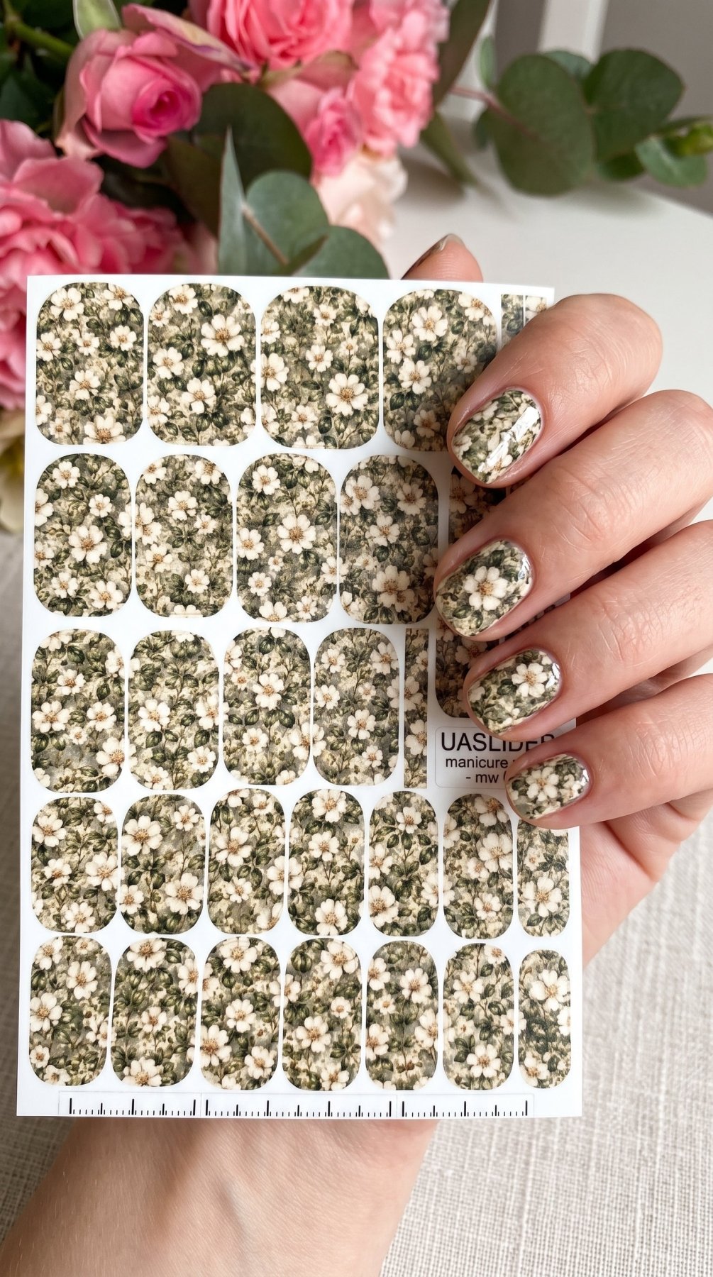 Ivory Wildflower Manicure Wraps — Olive Green Floral | mw-075 - UASLIDER