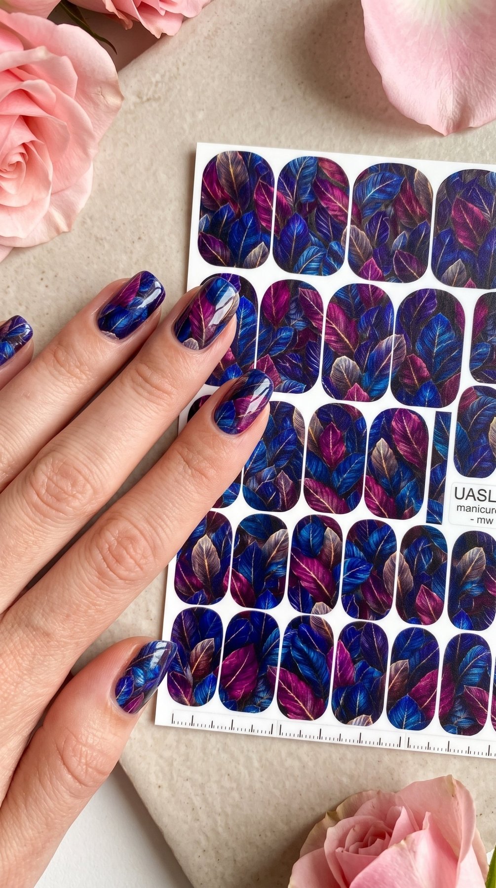 Jewel Tone Leaves Manicure Nail Wraps — Blue & Magenta | mw-112 - UASLIDER