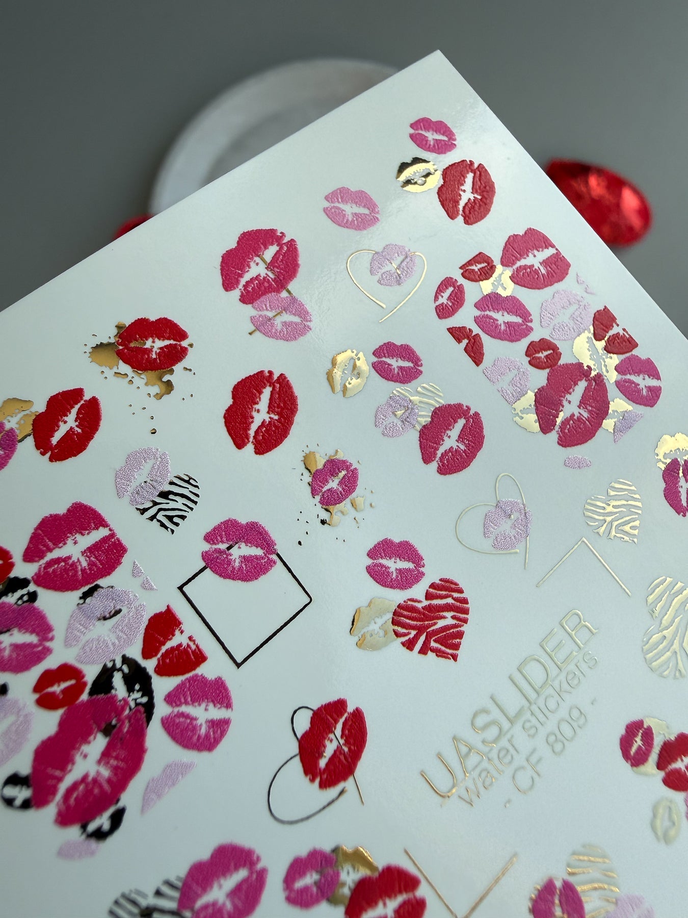 Kiss Print Nail Decals — Lips in Pink, Red & Gold Foil | CF - 809 - UASLIDER